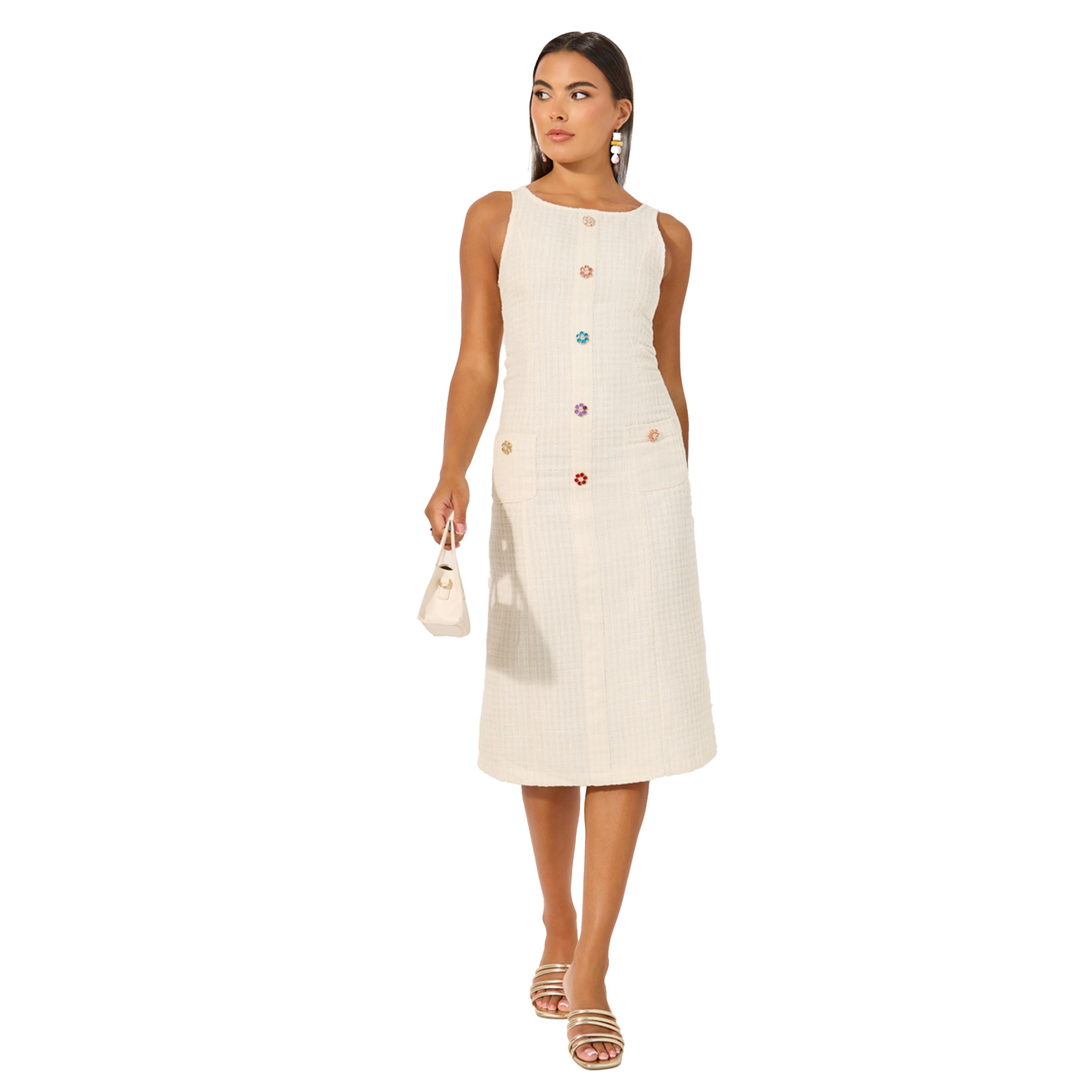 Styli Tweed Sleeveless A-Line Midi Dress with Button Detail-women-clothing-dresses-image-2