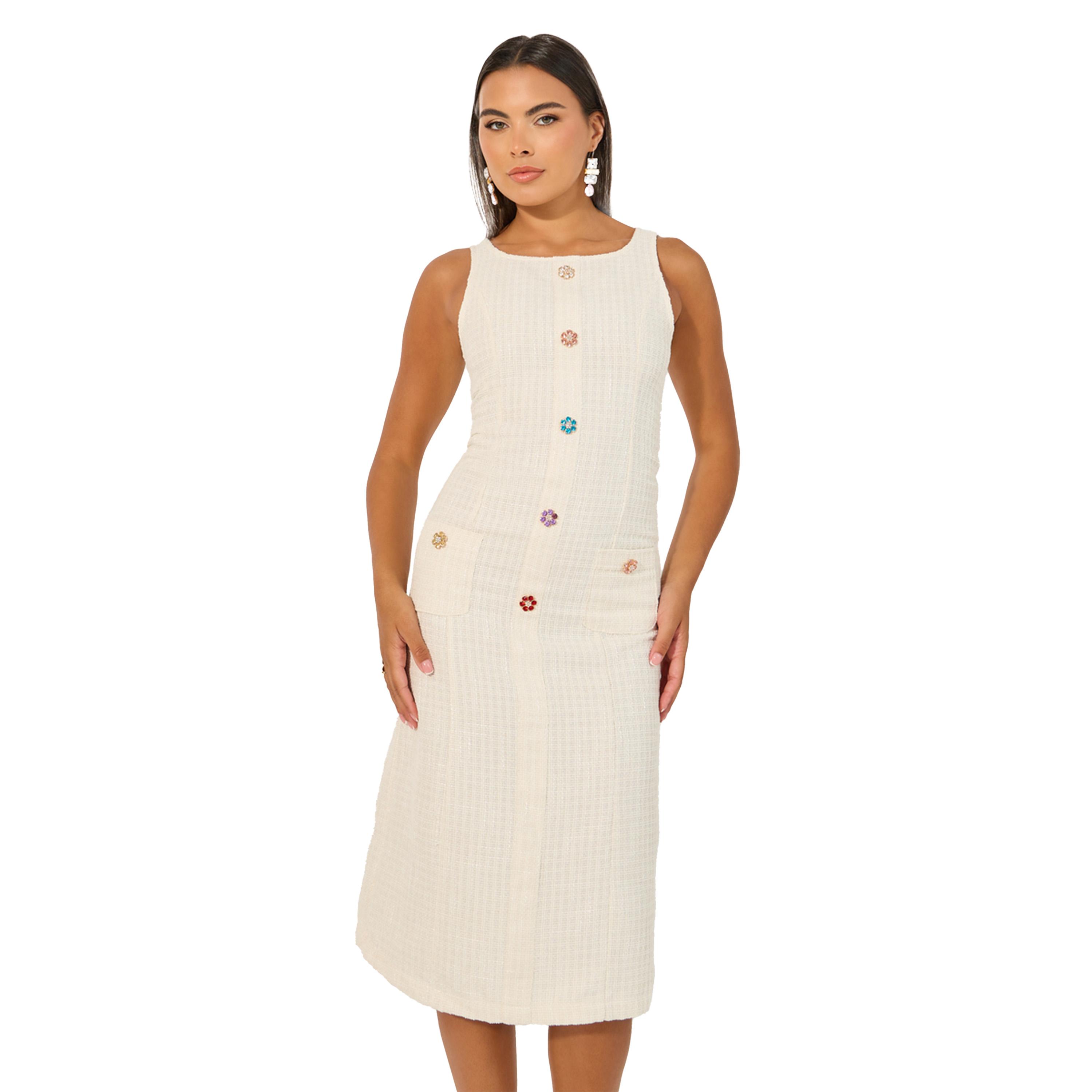 Styli Tweed Sleeveless A-Line Midi Dress with Button Detail-women-clothing-dresses-image-3