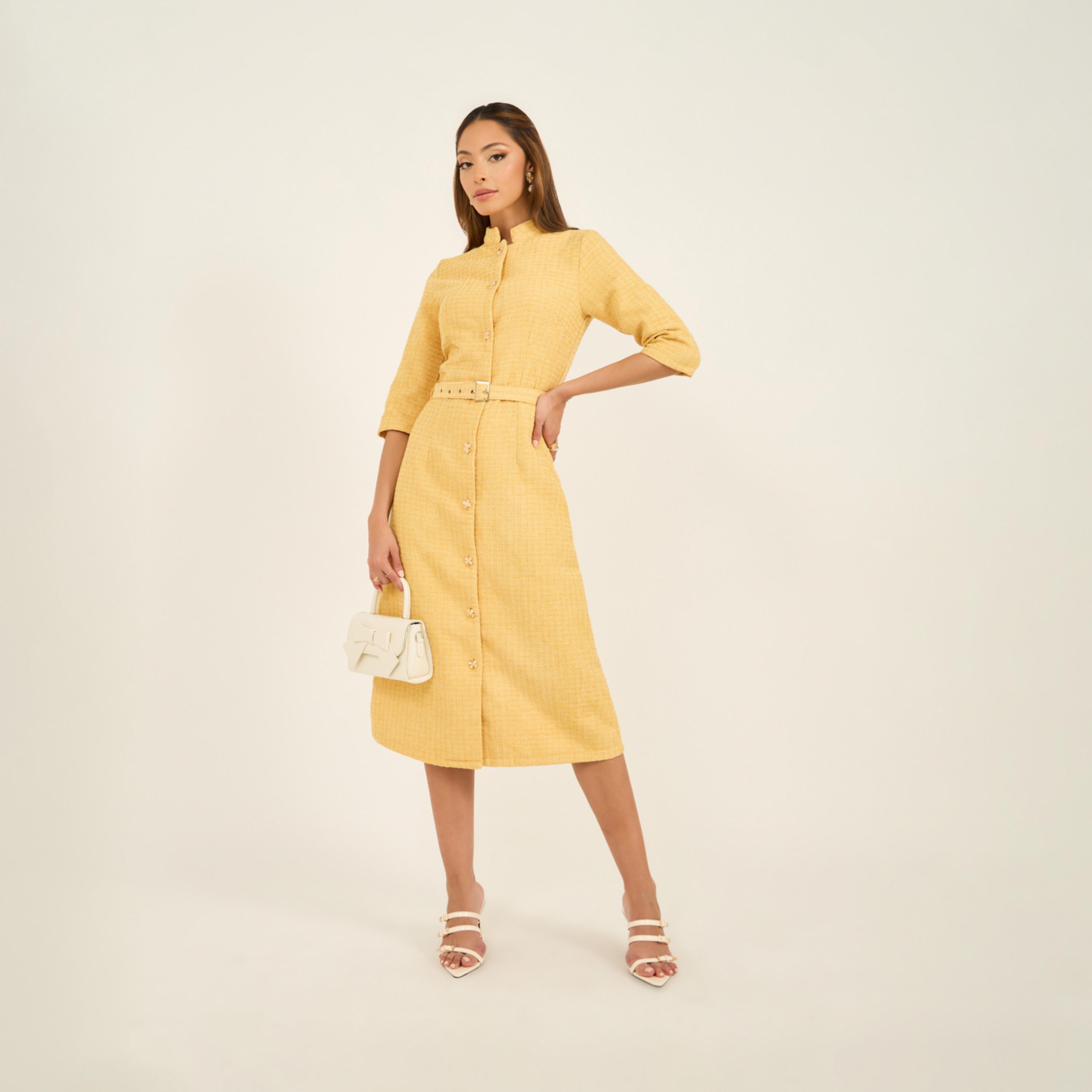 Styli Textured Collared A-Line Midi Dress With Belt-women-clothing-dresses-image-1