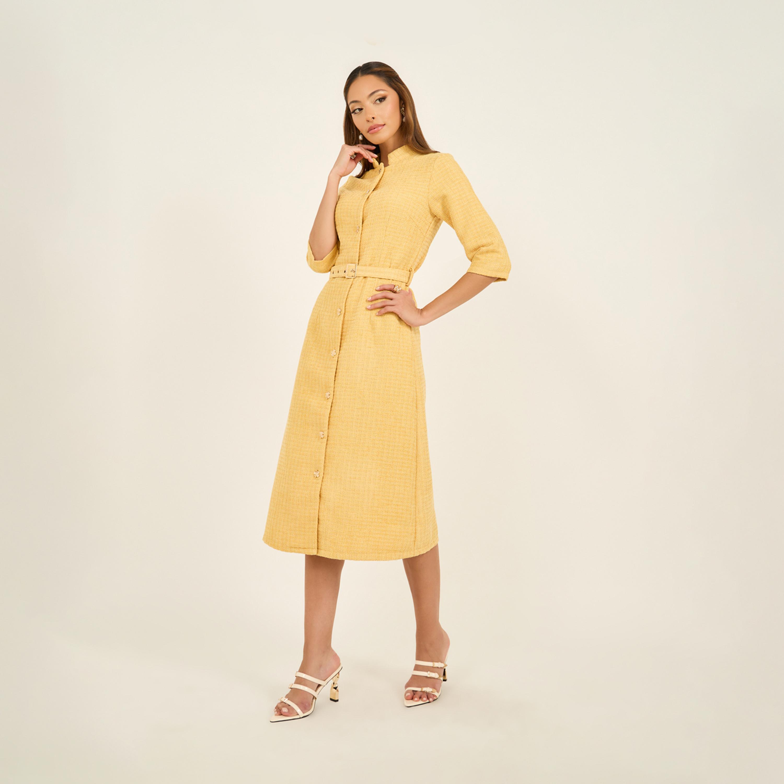 Styli Textured Collared A-Line Midi Dress With Belt-women-clothing-dresses-image-2
