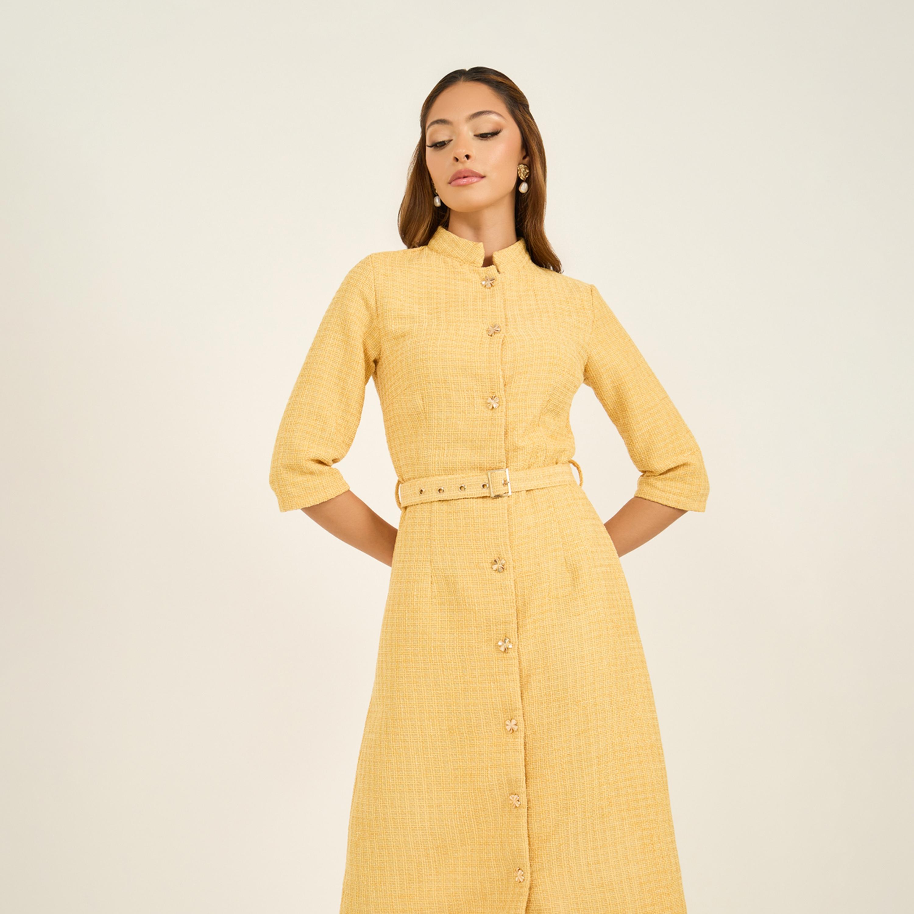 Styli Textured Collared A-Line Midi Dress With Belt-women-clothing-dresses-image-3