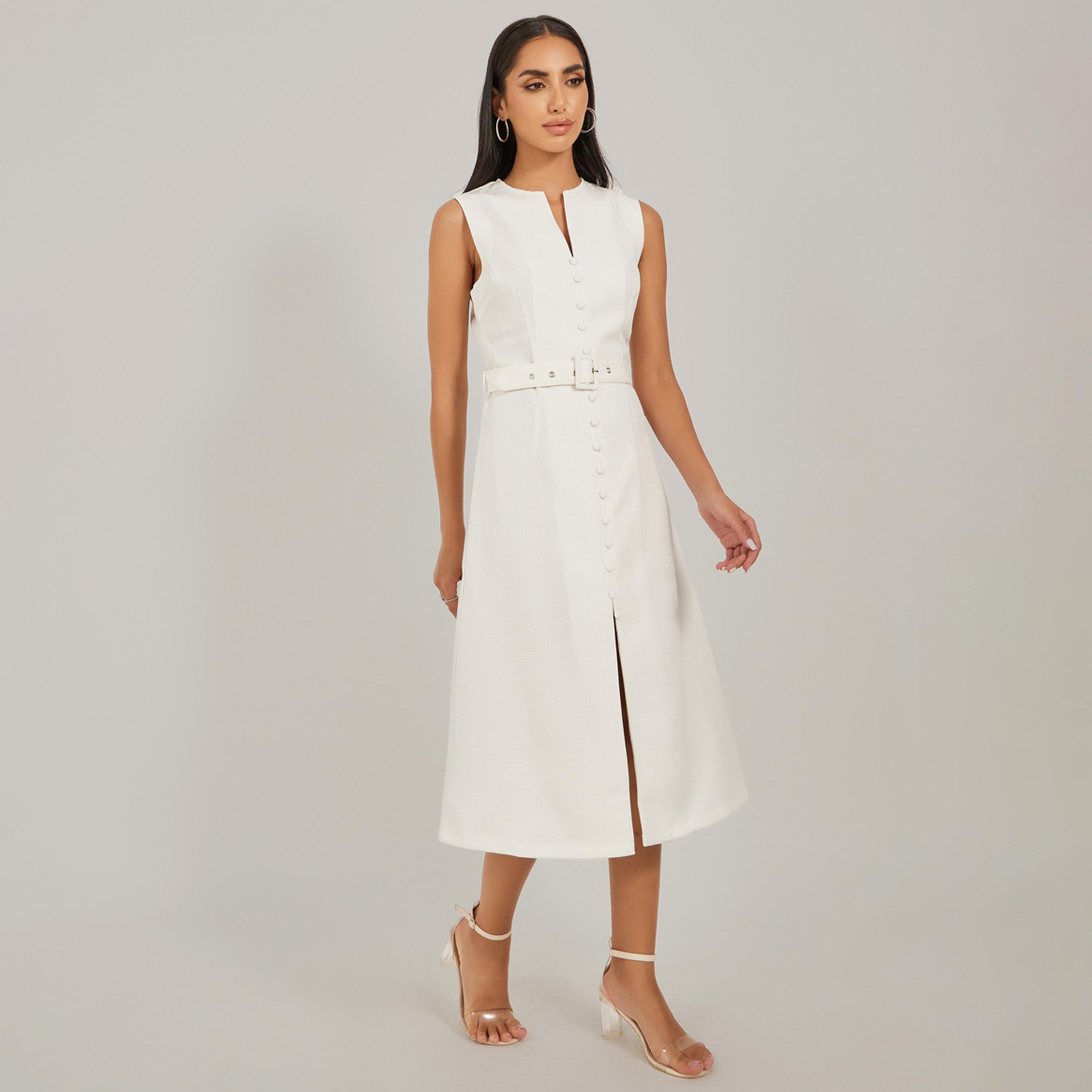 ستايلي - فستان سادة متوسط الطول بدون أكمام بقصة A مع تفاصيل حزام-women-clothing-dresses-image-2