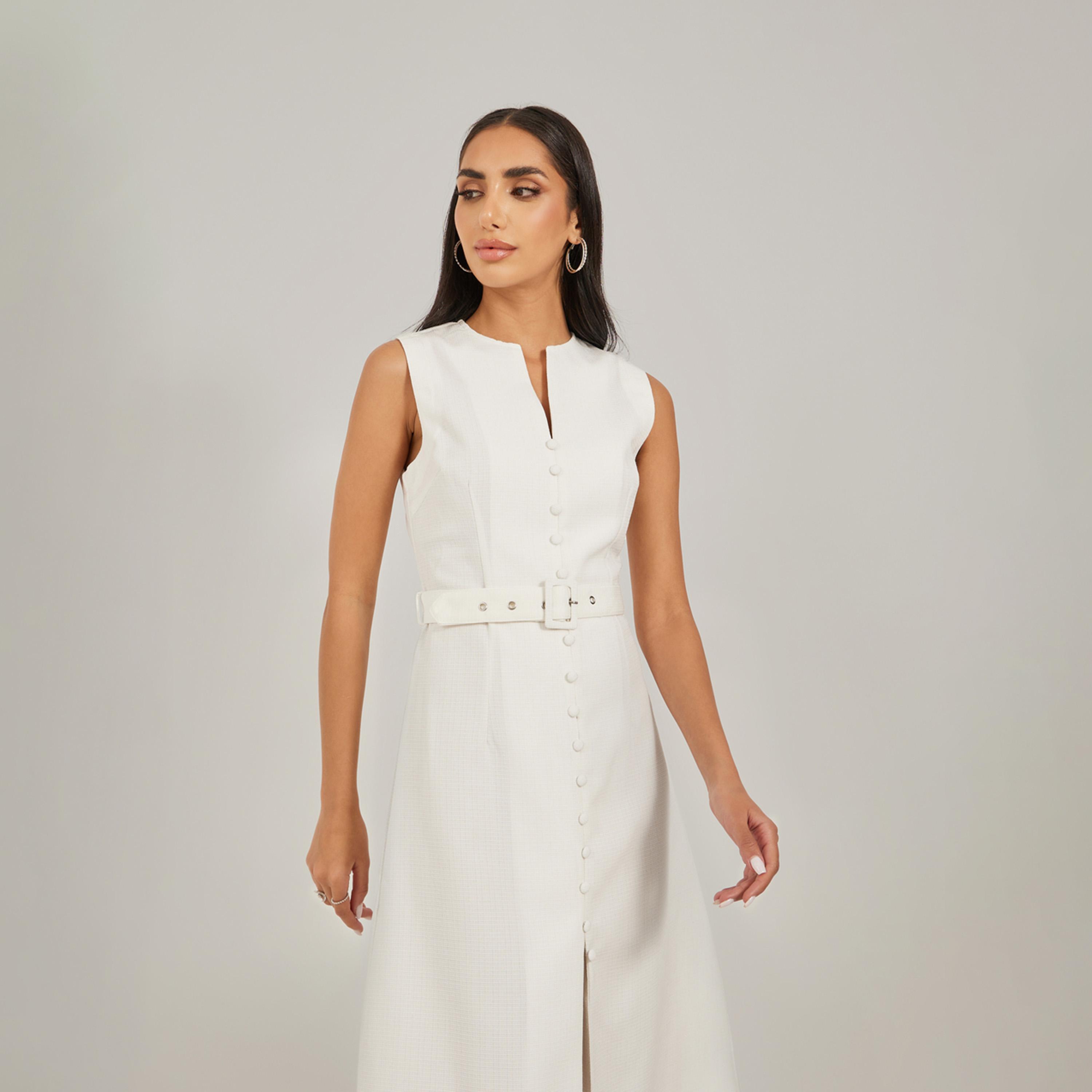 ستايلي - فستان سادة متوسط الطول بدون أكمام بقصة A مع تفاصيل حزام-women-clothing-dresses-image-3