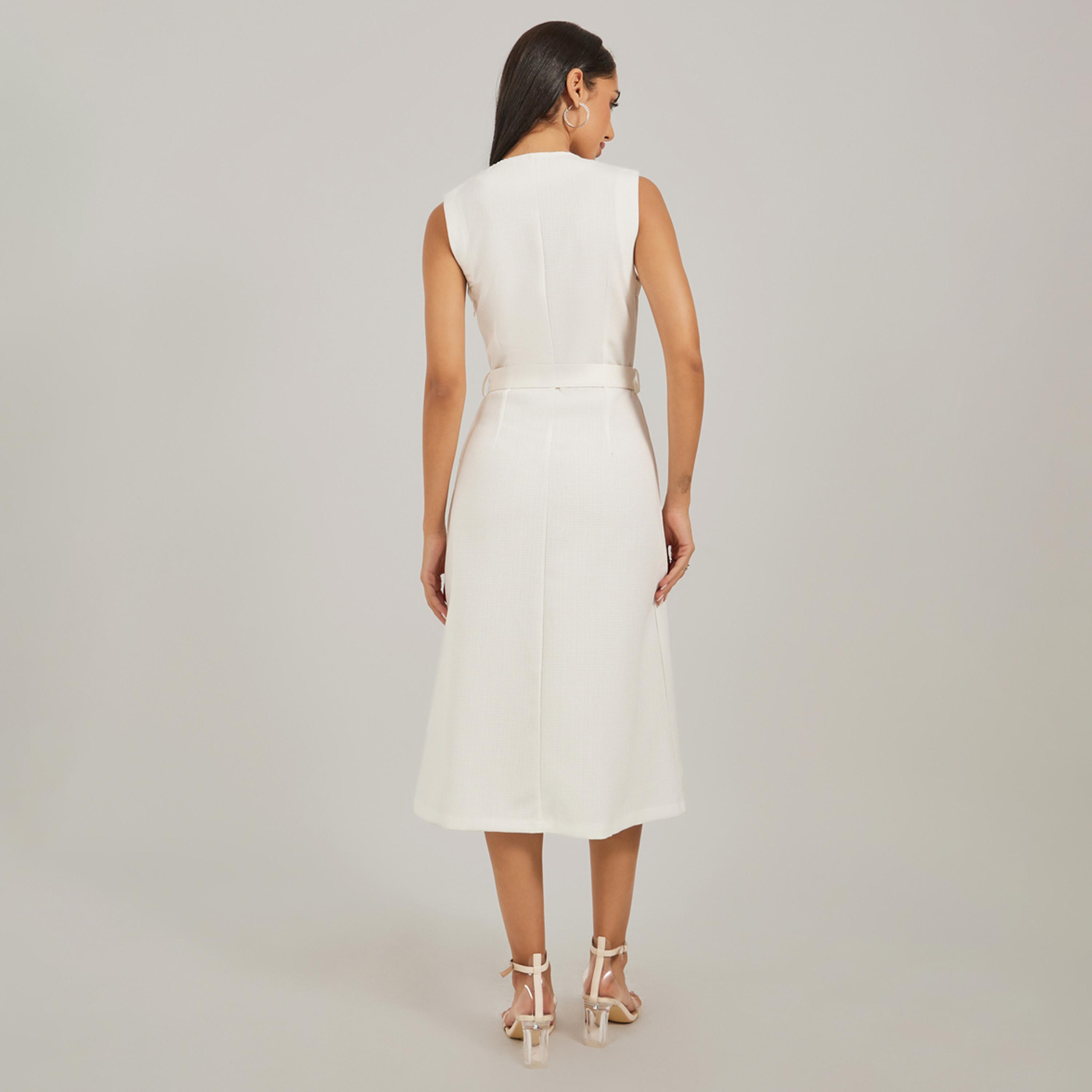 ستايلي - فستان سادة متوسط الطول بدون أكمام بقصة A مع تفاصيل حزام-women-clothing-dresses-image-5