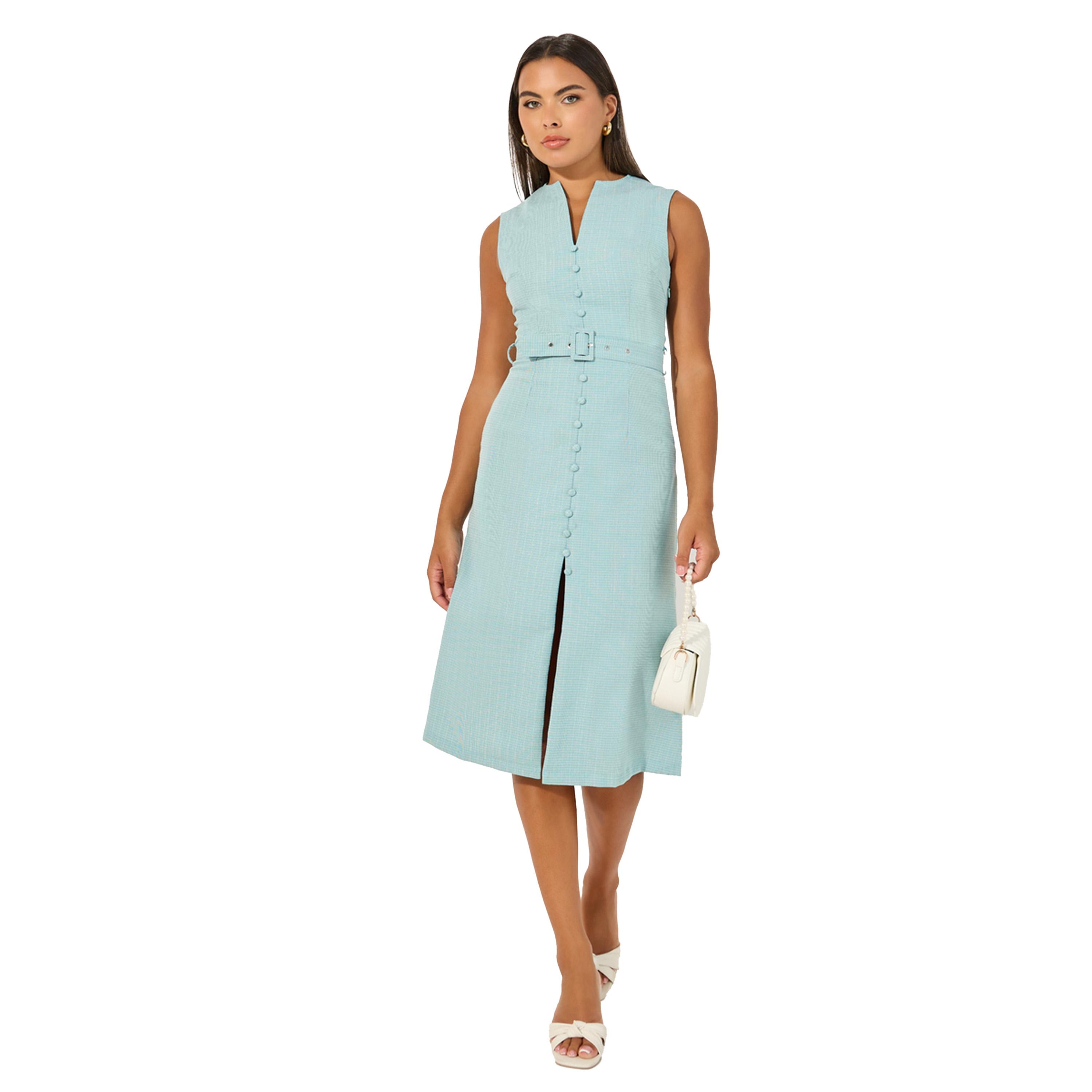ستايلي -  فستان ميدي سادة بدون أكمام على شكل حرف A مع تفاصيل حزام-women-clothing-dresses-image-2