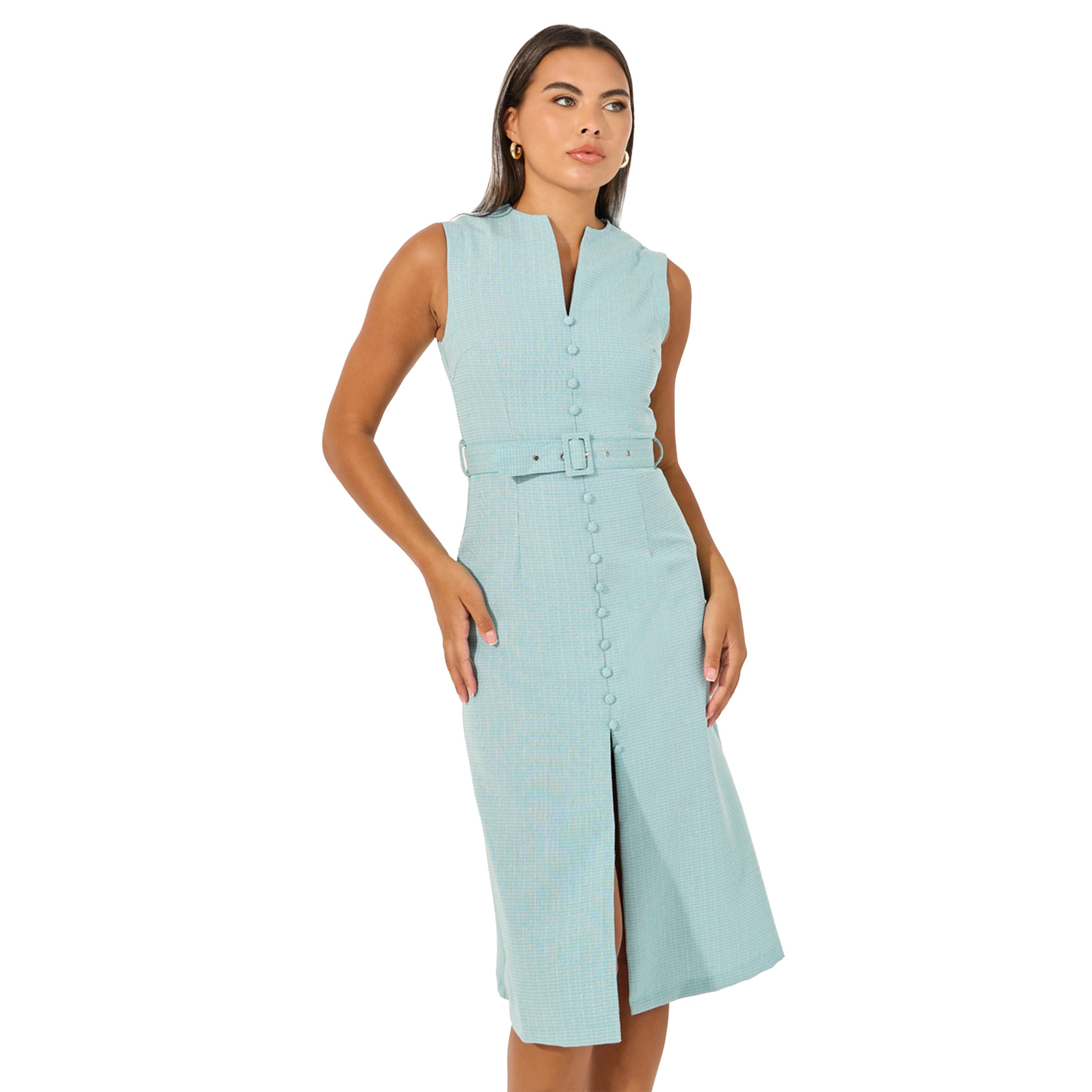 ستايلي -  فستان ميدي سادة بدون أكمام على شكل حرف A مع تفاصيل حزام-women-clothing-dresses-image-3