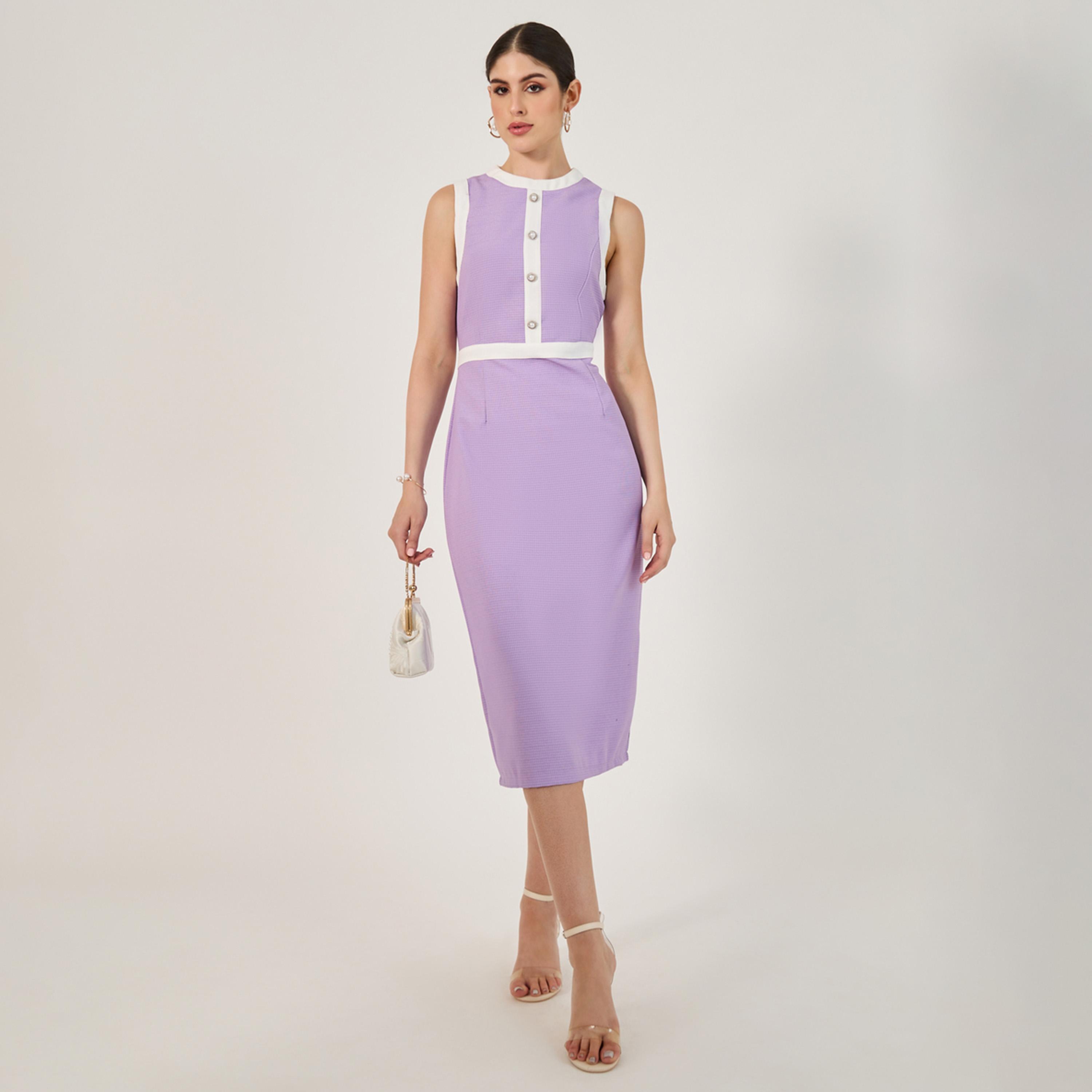 ستايلي - فستان ضيق متوسط الطول بدون أكمام مع تفاصيل أزرار-women-clothing-dresses-image-1