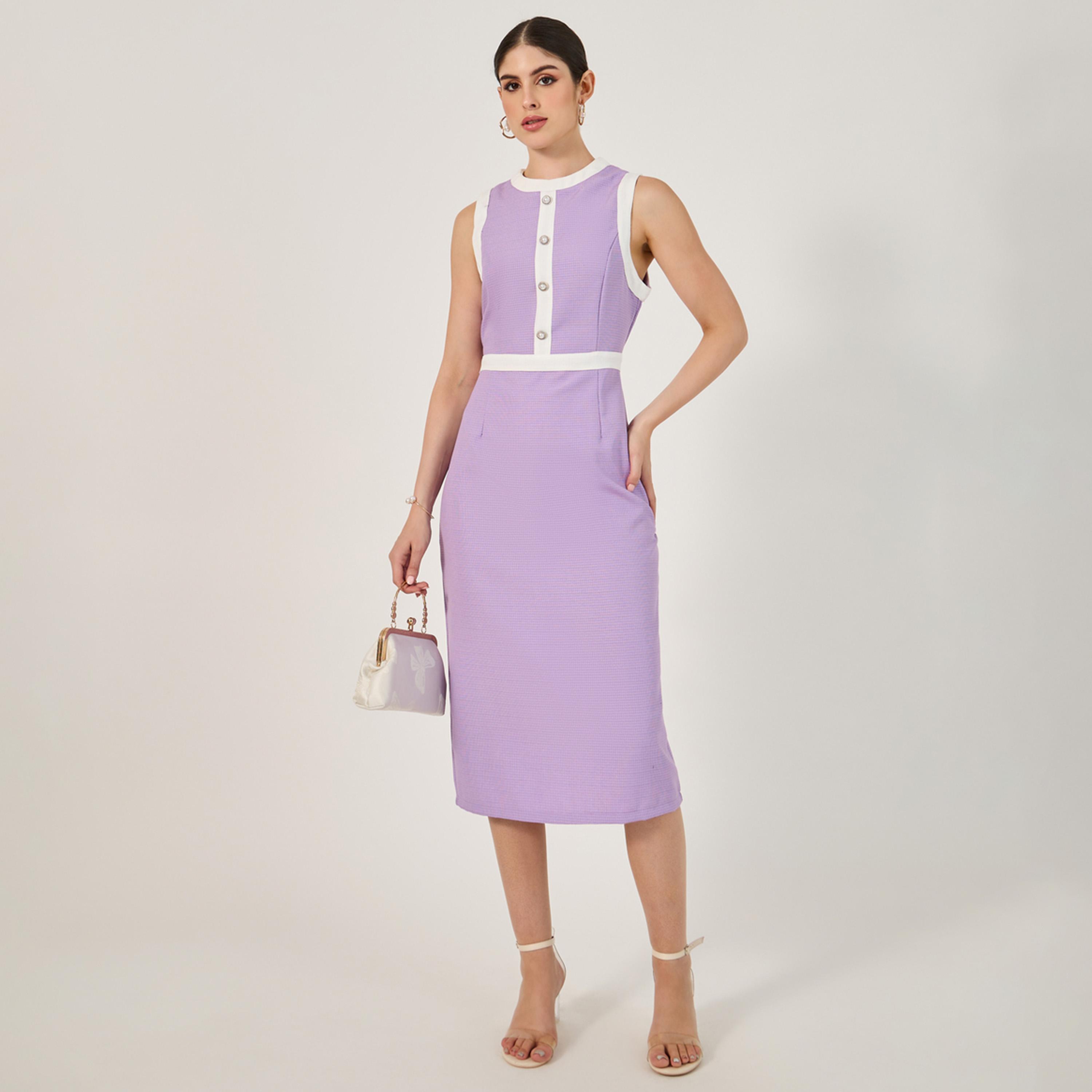 ستايلي - فستان ضيق متوسط الطول بدون أكمام مع تفاصيل أزرار-women-clothing-dresses-image-2
