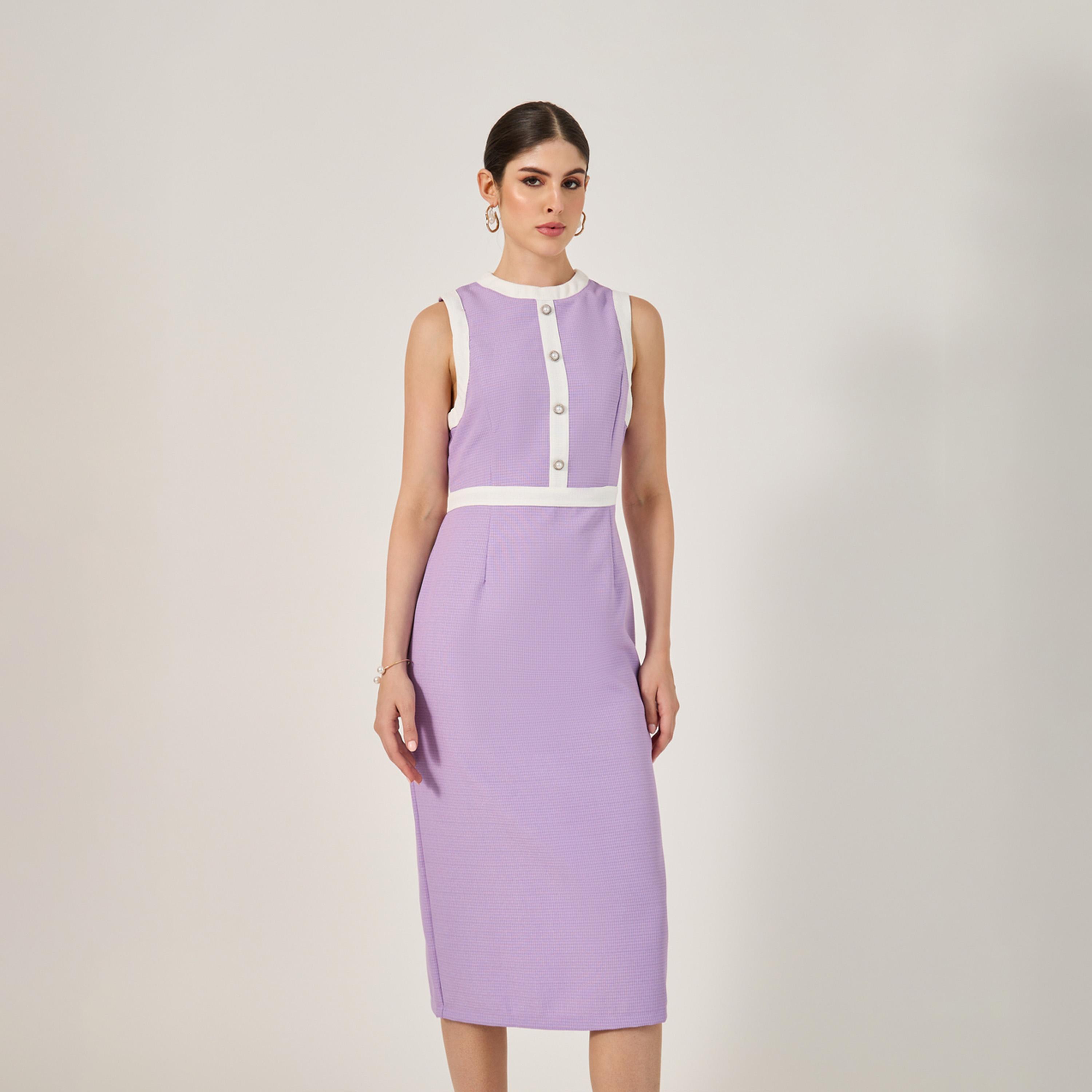 ستايلي - فستان ضيق متوسط الطول بدون أكمام مع تفاصيل أزرار-women-clothing-dresses-image-3