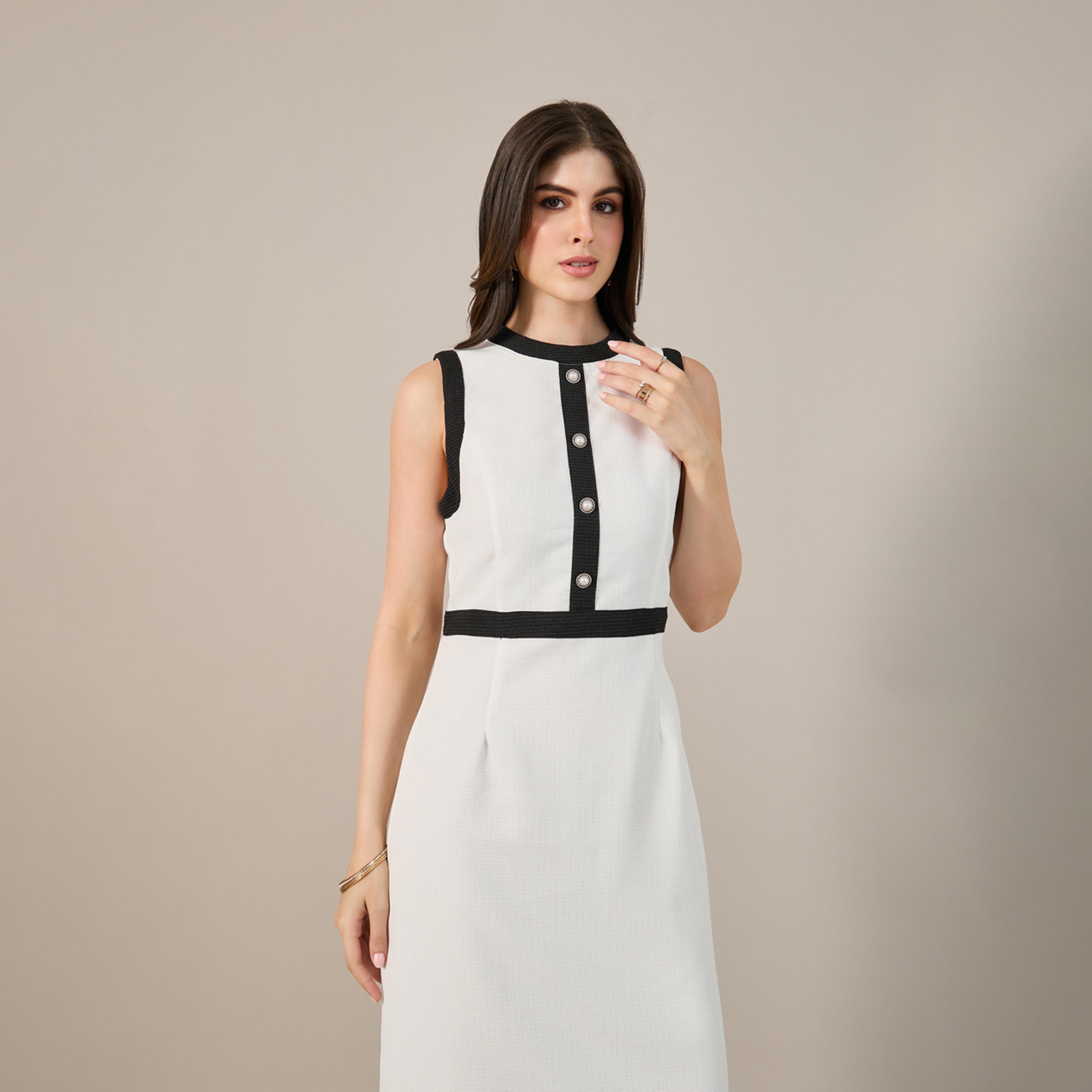 ستايلي - فستان ضيق متوسط الطول بدون أكمام مع تفاصيل أزرار-women-clothing-dresses-image-3