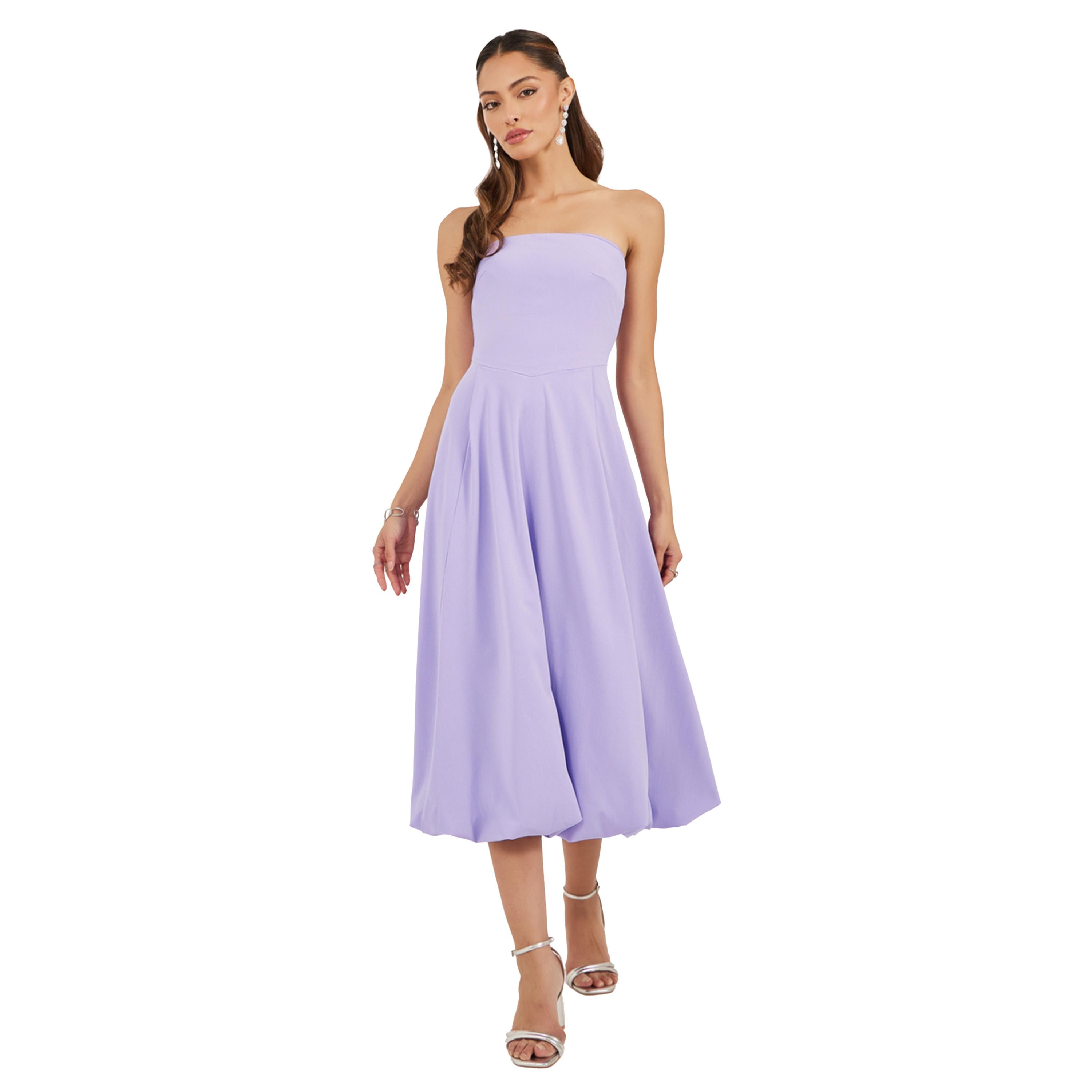 ستايلي - فستان ميدي سادة بدون حمالات على شكل حرف A-women-clothing-dresses-image-2
