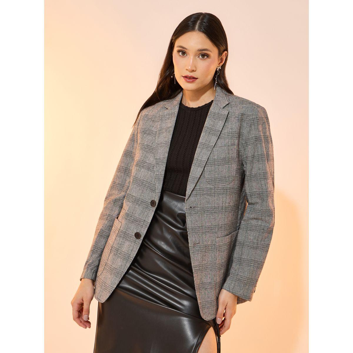 Checked Notch Lapel Longline Blazer with Pockets-women-clothing-coatsandjackets-blazers-image-1