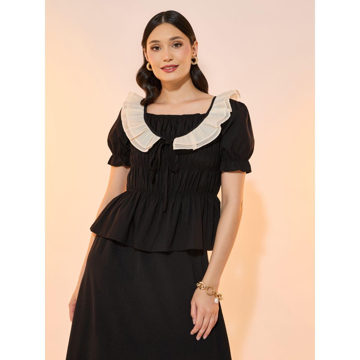 بلوزة بياقة واسعة وحافة بكشكش-women-clothing-shirtsandblouses-blouses-image-1