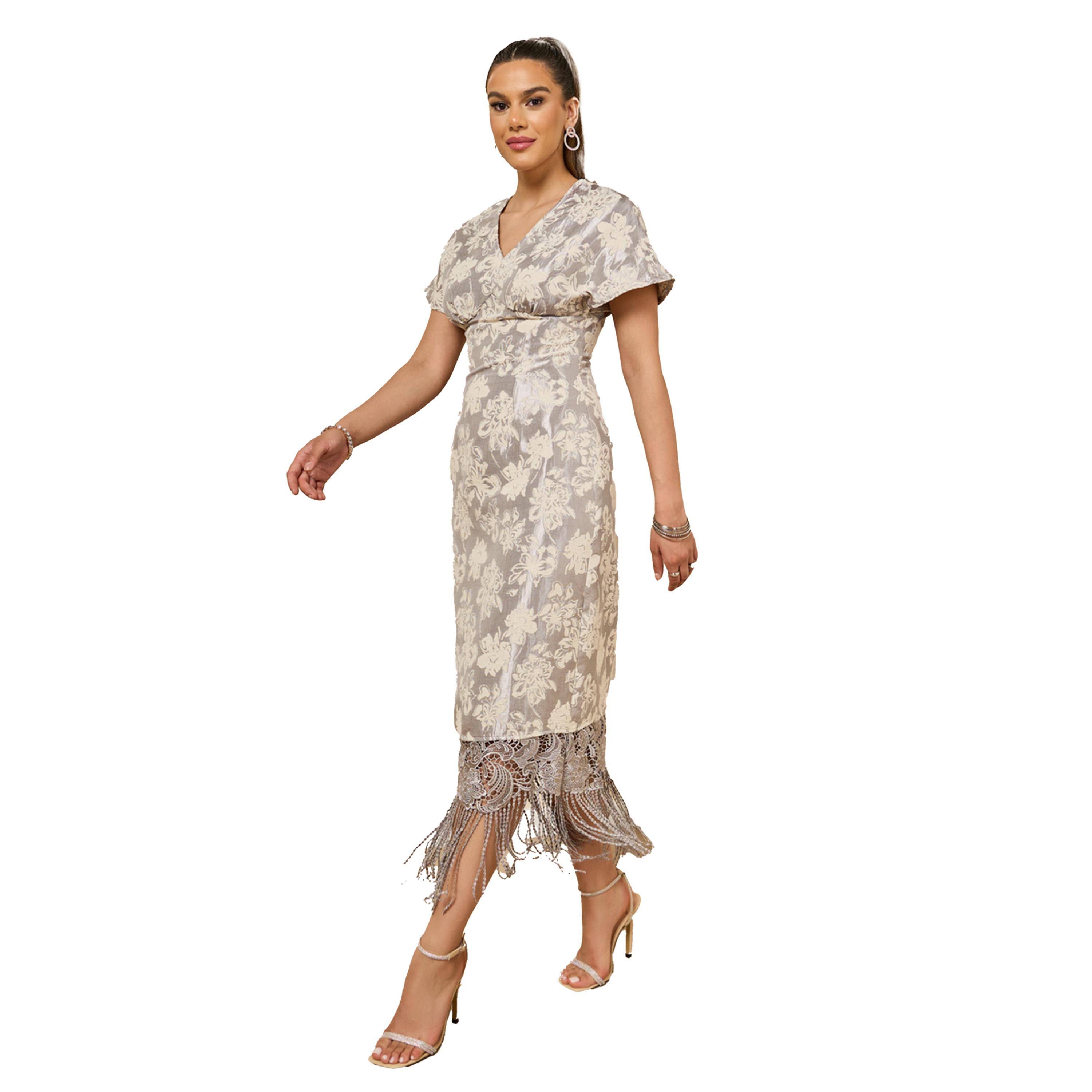 Styli Printed V-Neck Short Sleeves Fringes Hem Sheath Midi Dress-women-clothing-dresses-image-2