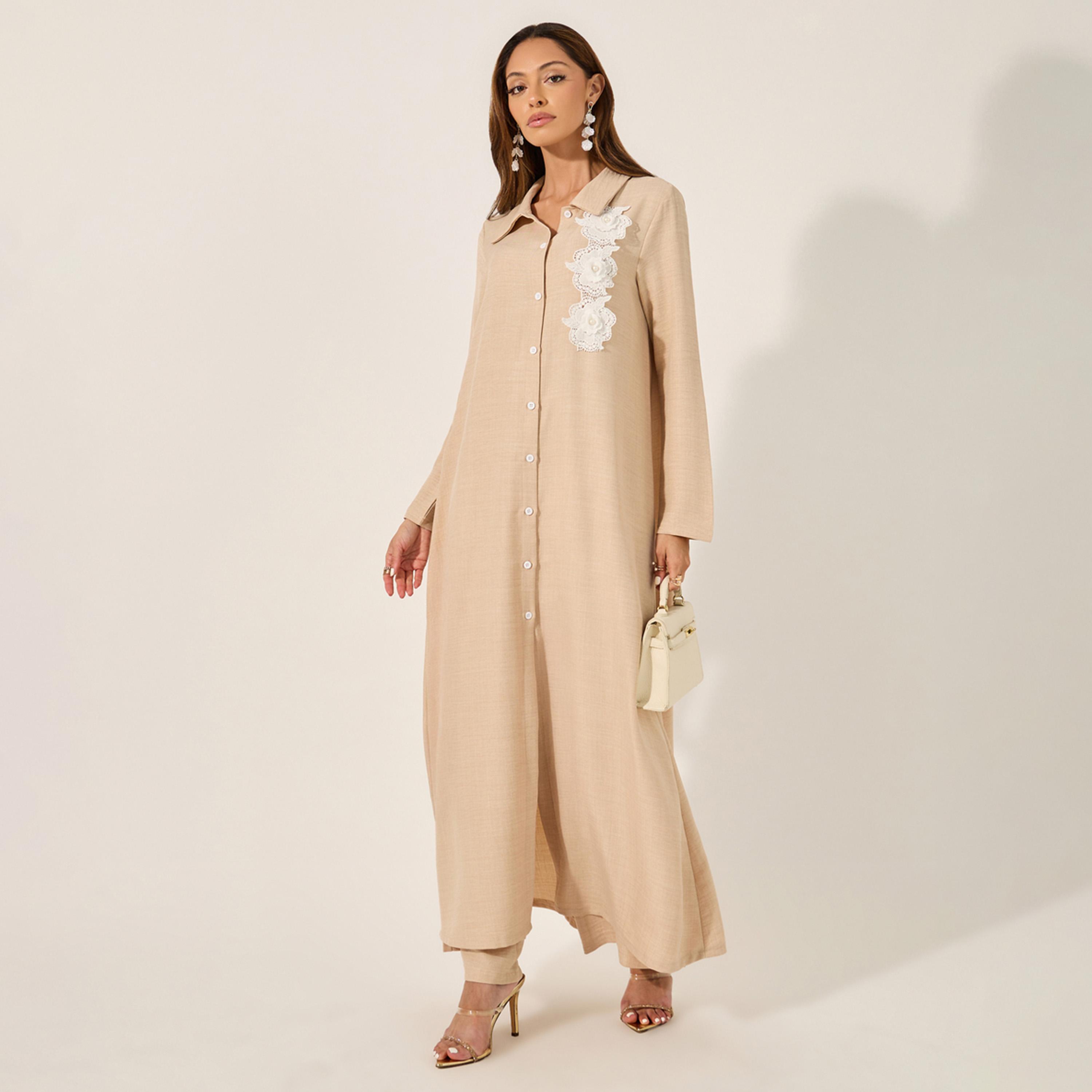Styli Collared Lace Detail Buttoned Maxi Shirt and Trousers Set-women-arabicclothing-sets-image-1