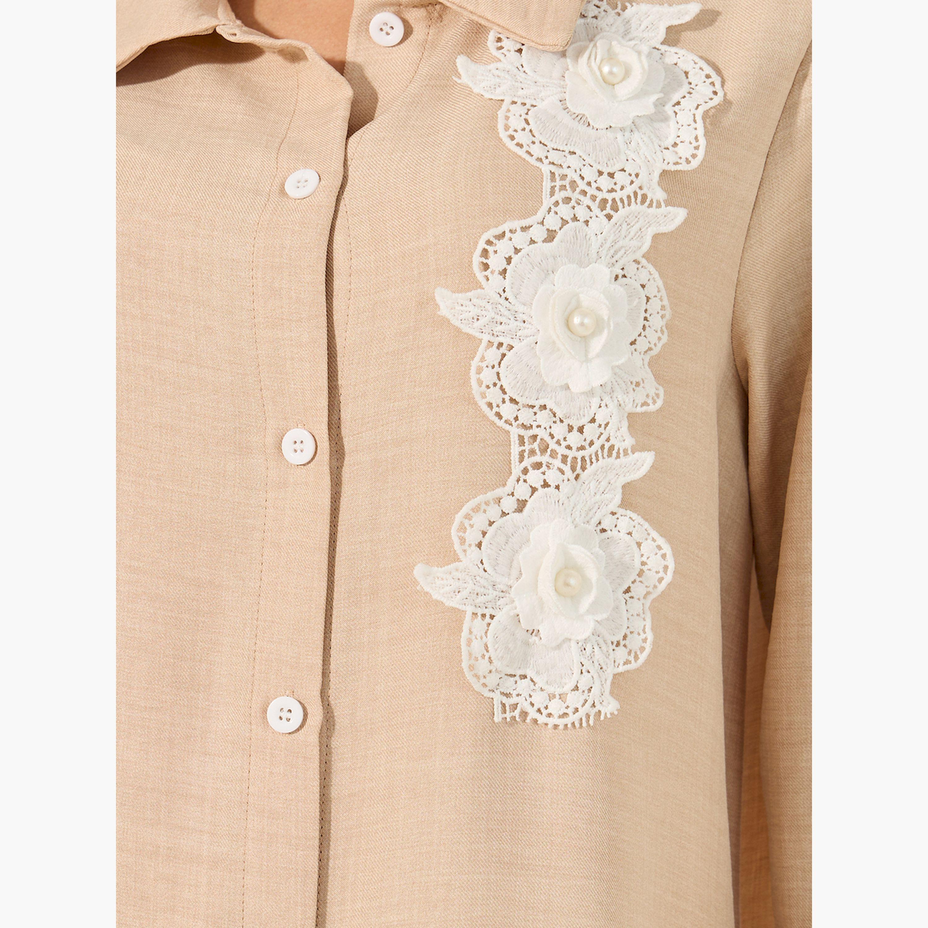 ستايلي - طقم قميص ماكسي بأزرار وياقة وتفاصيل دانتيل مع بنطال-women-arabicclothing-sets-image-3