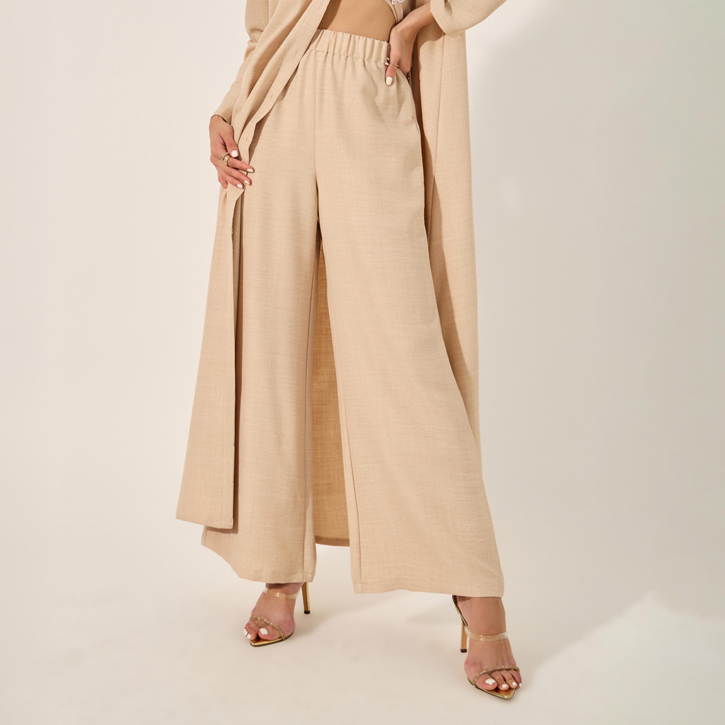 Styli Collared Lace Detail Buttoned Maxi Shirt and Trousers Set-women-arabicclothing-sets-image-5