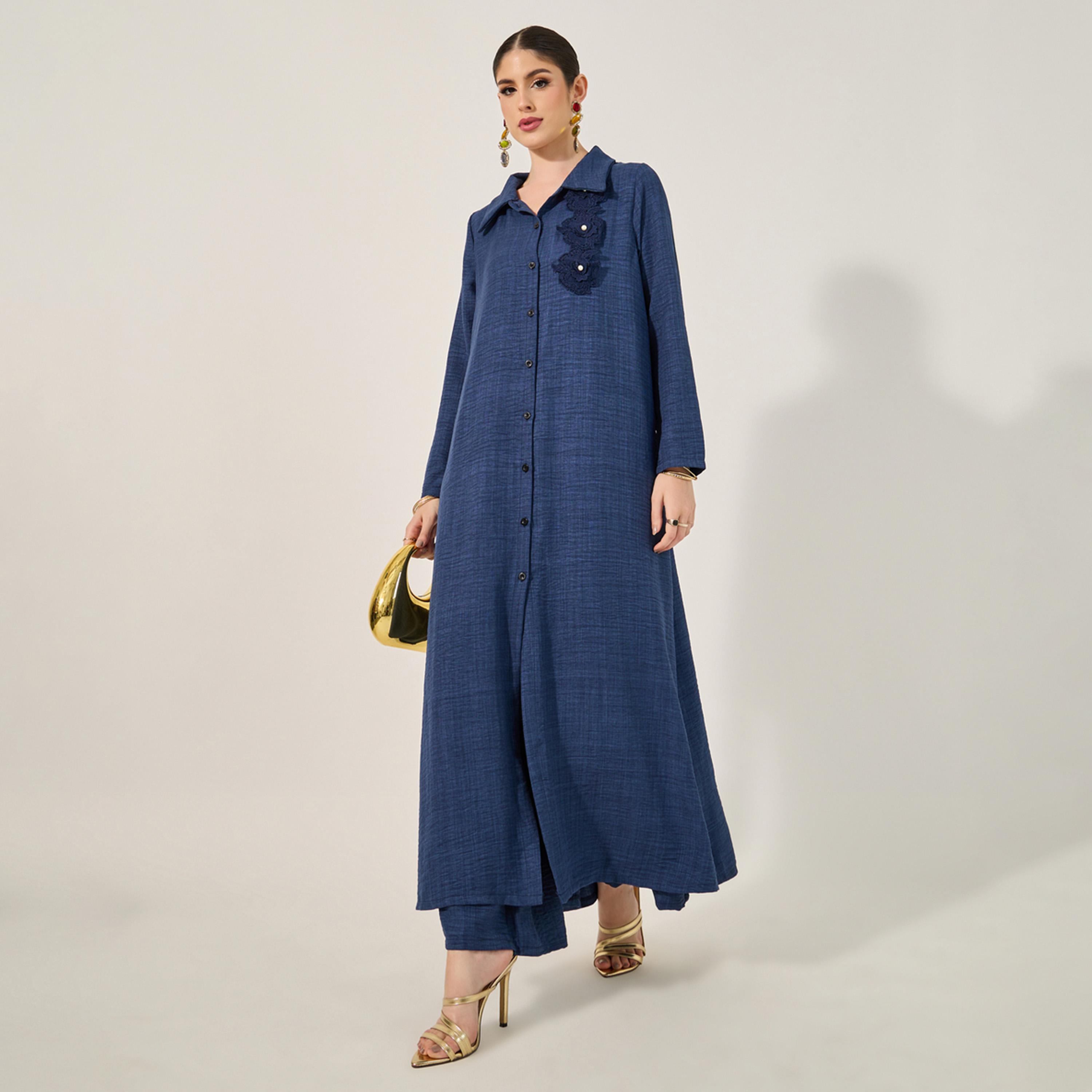 Styli Collared Lace Detail Buttoned Maxi Shirt and Trousers Set-women-arabicclothing-sets-image-1