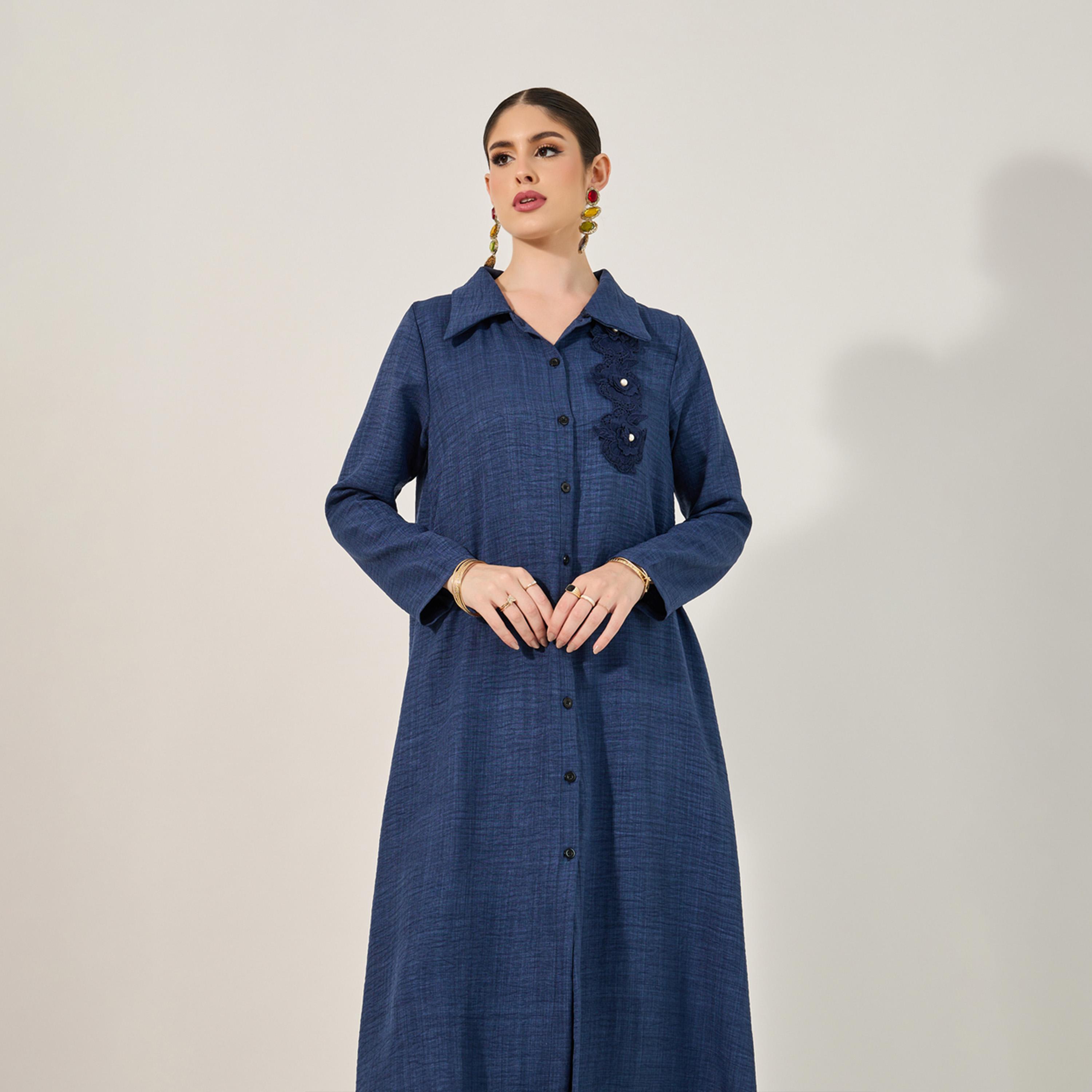 Styli Collared Lace Detail Buttoned Maxi Shirt and Trousers Set-women-arabicclothing-sets-image-2