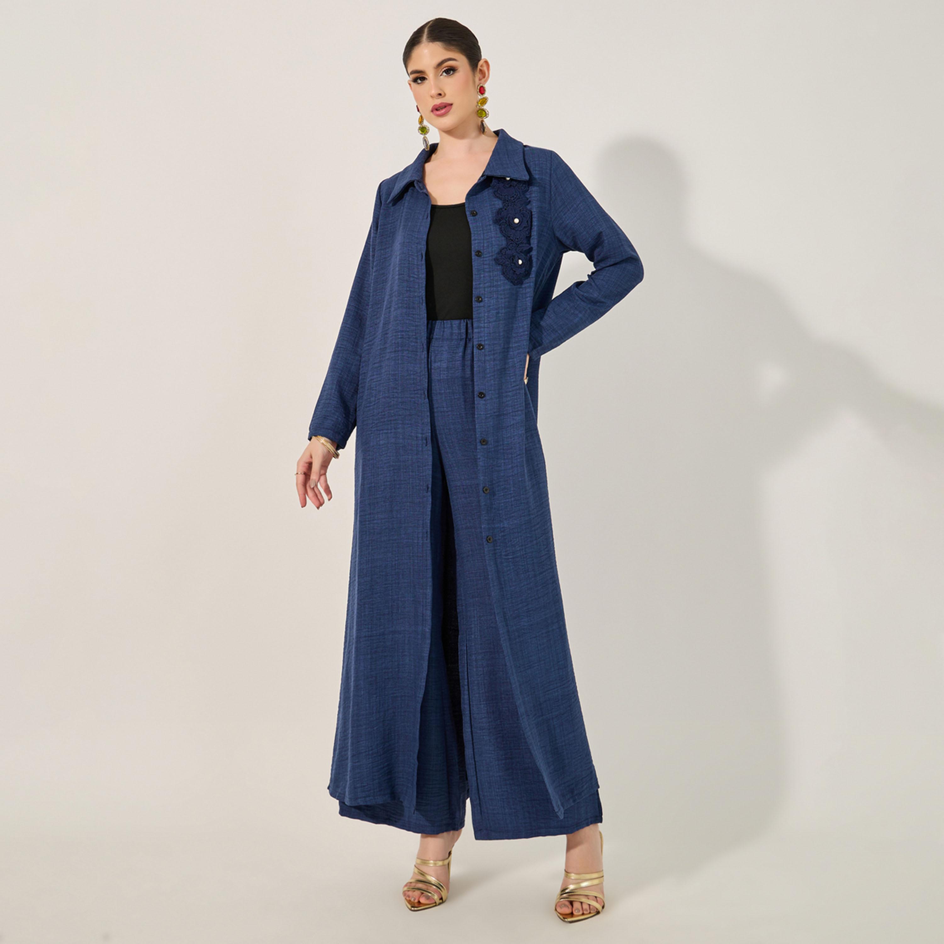 ستايلي - طقم قميص ماكسي بأزرار وياقة وتفاصيل دانتيل مع بنطال-women-arabicclothing-sets-image-4