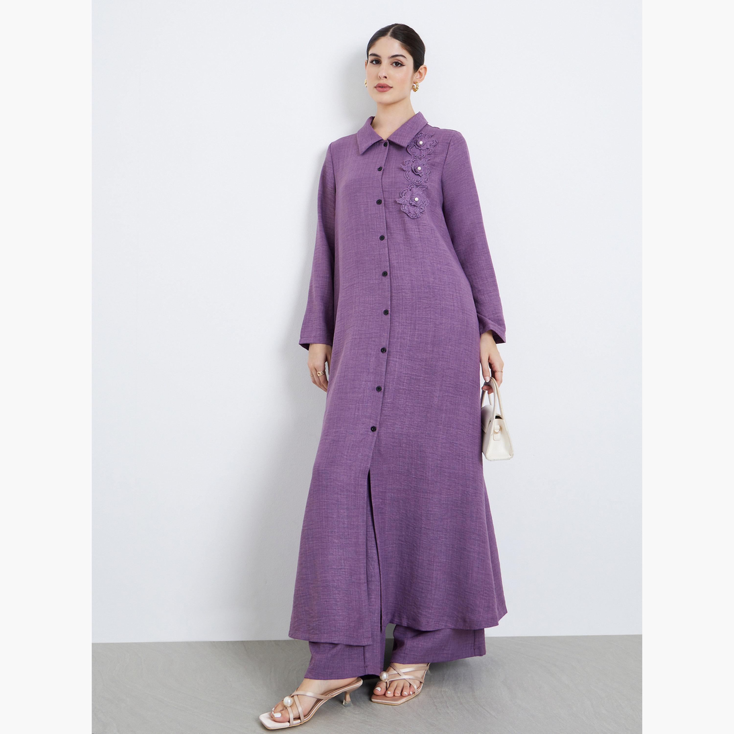 Styli Women Corsage Detail Maxi Shirt and Pants Modest Set-women-arabicclothing-sets-image-1