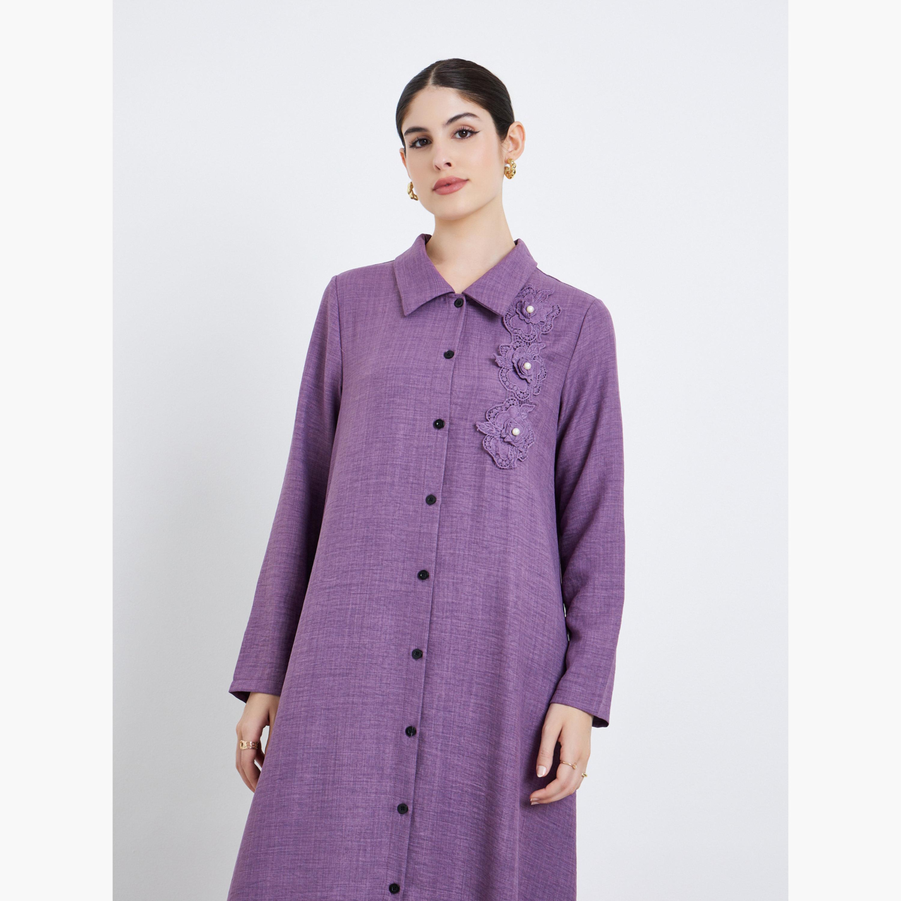 Styli Women Corsage Detail Maxi Shirt and Pants Modest Set-women-arabicclothing-sets-image-2