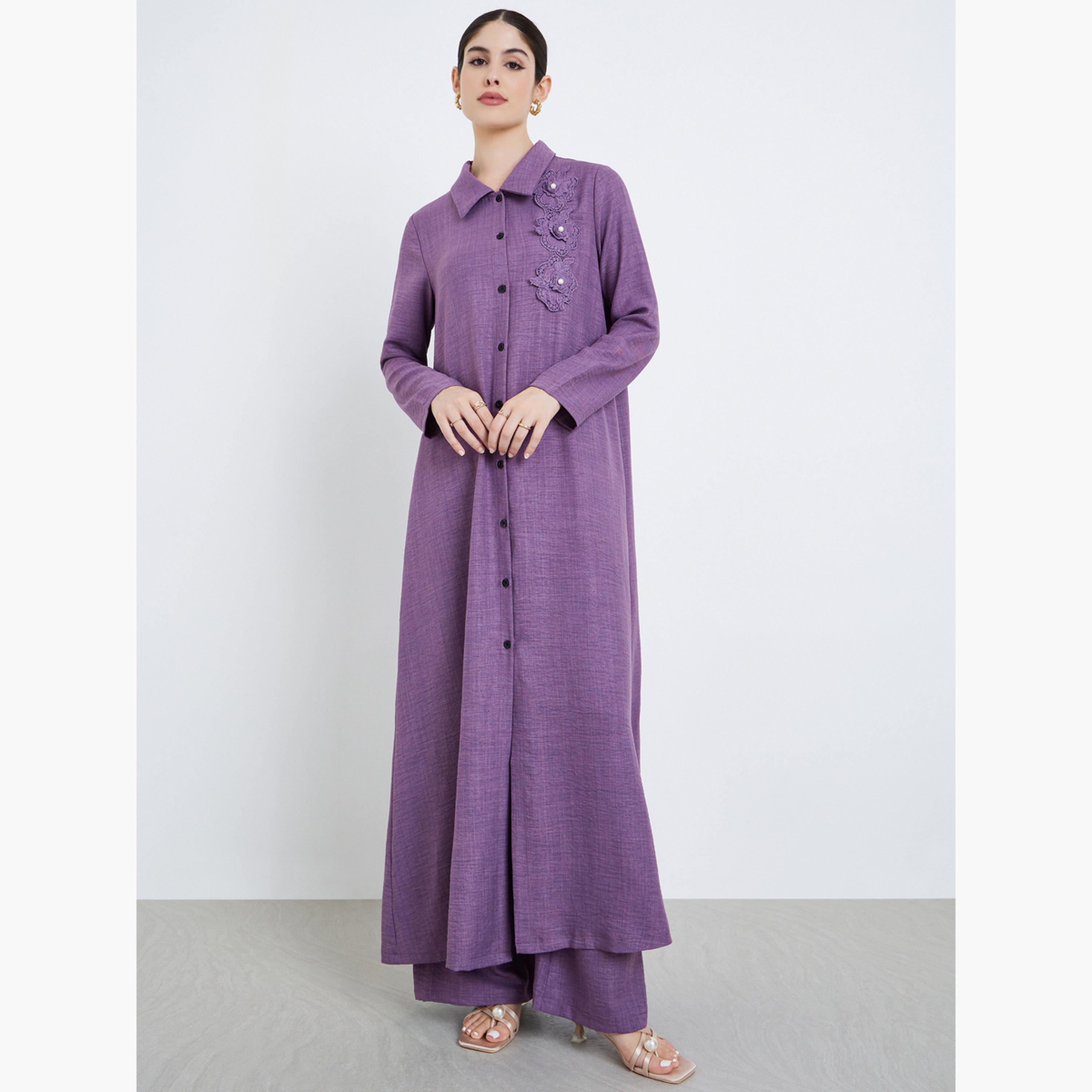 Styli Women Corsage Detail Maxi Shirt and Pants Modest Set-women-arabicclothing-sets-image-3