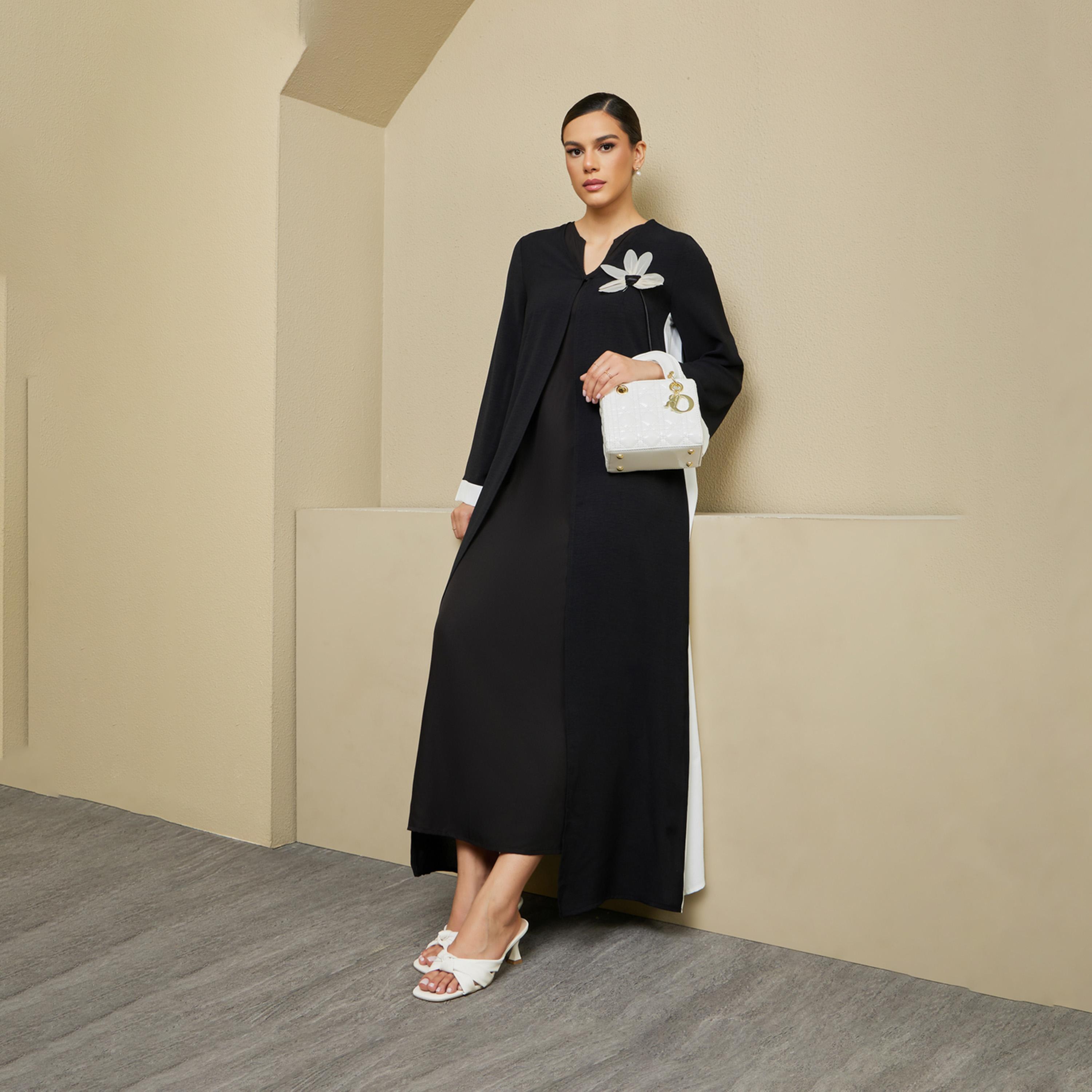 Styli Contrast Side Panel Flared Abaya with Flower Corsage Detail-women-arabicclothing-abayas-image-1