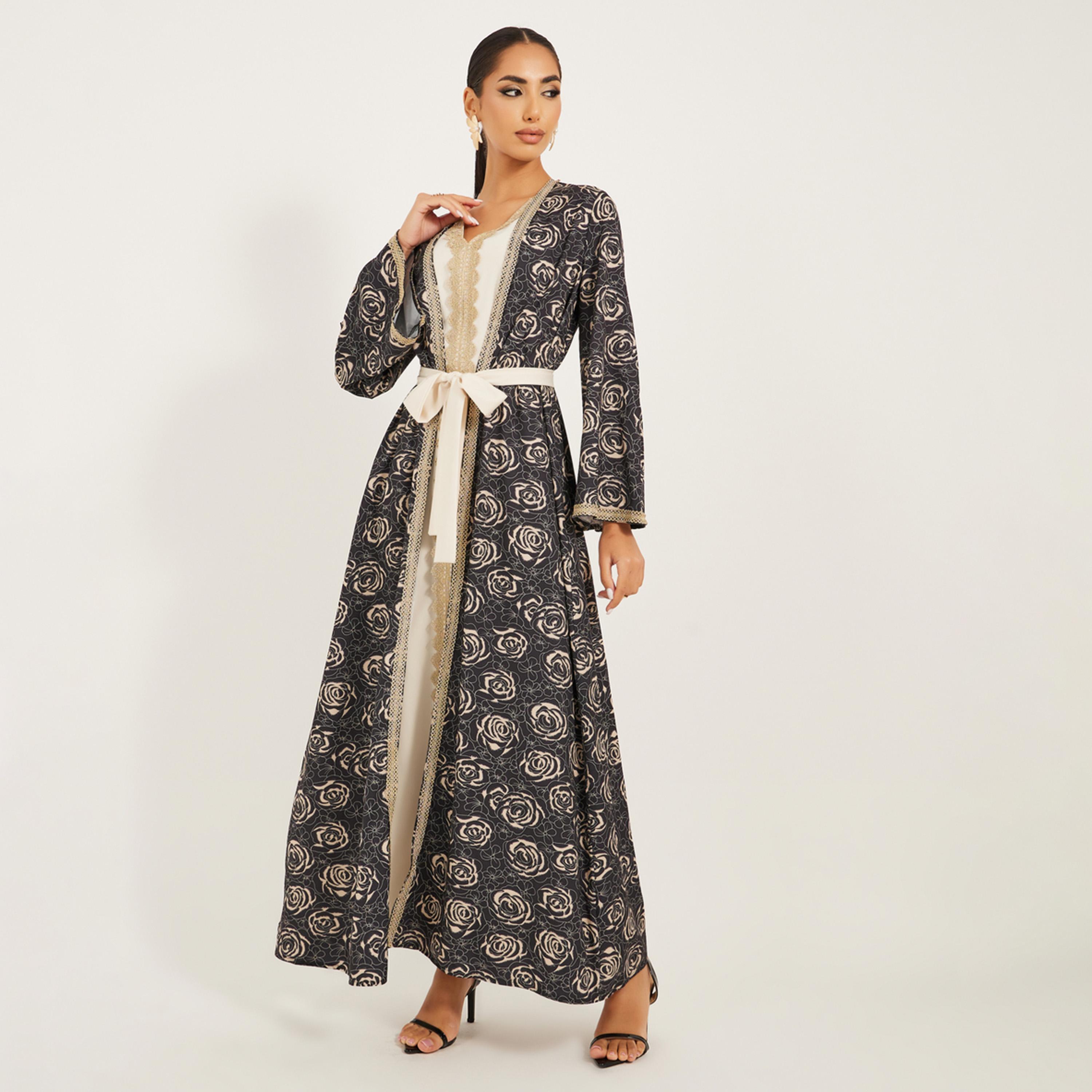 Styli Front Open Abaya With All Over Foil Print And Lace Detail At Centre Front With Inner Satin Dress With Lace Trims-women-arabicclothing-abayas-image-1