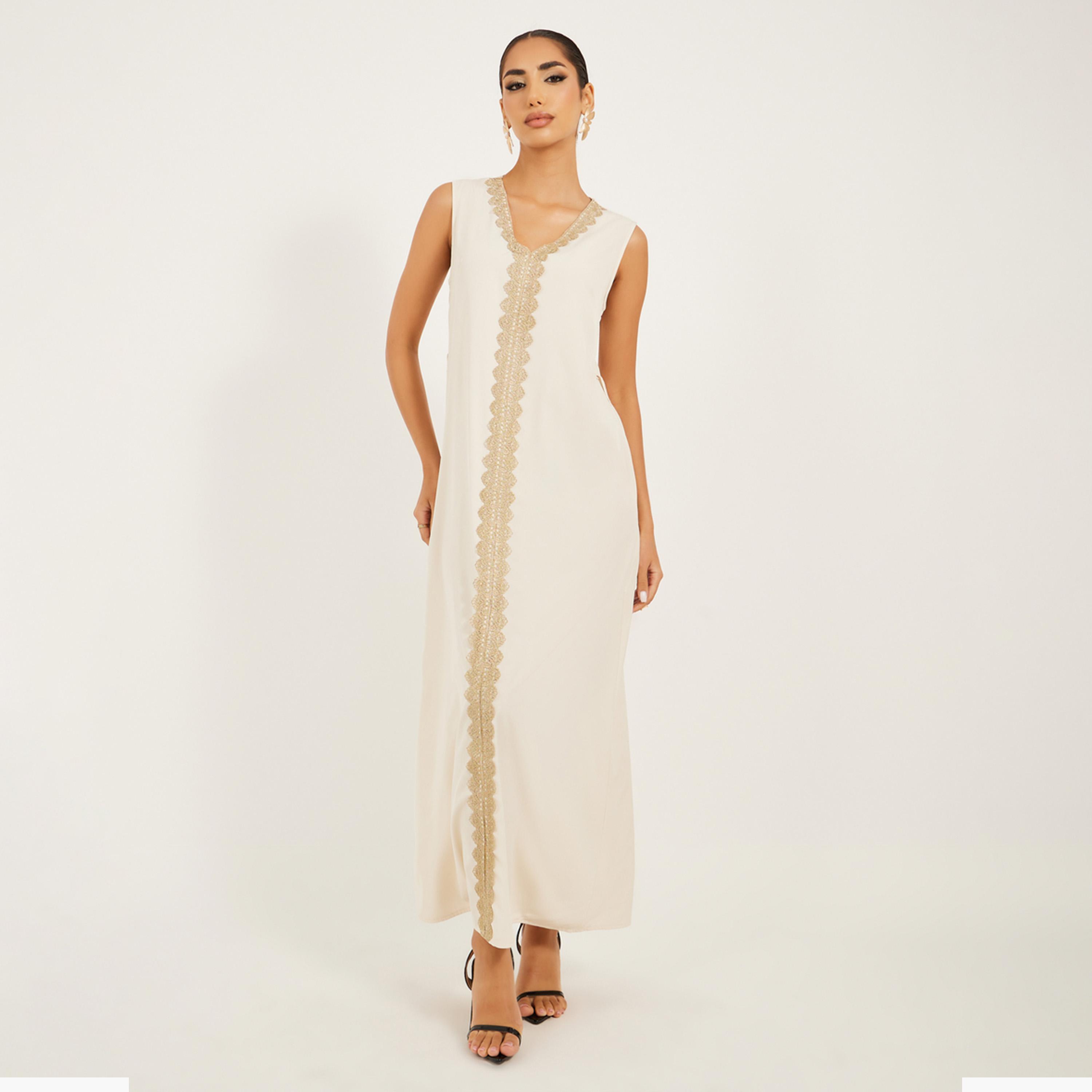 Styli Front Open Abaya With All Over Foil Print And Lace Detail At Centre Front With Inner Satin Dress With Lace Trims-women-arabicclothing-abayas-image-6