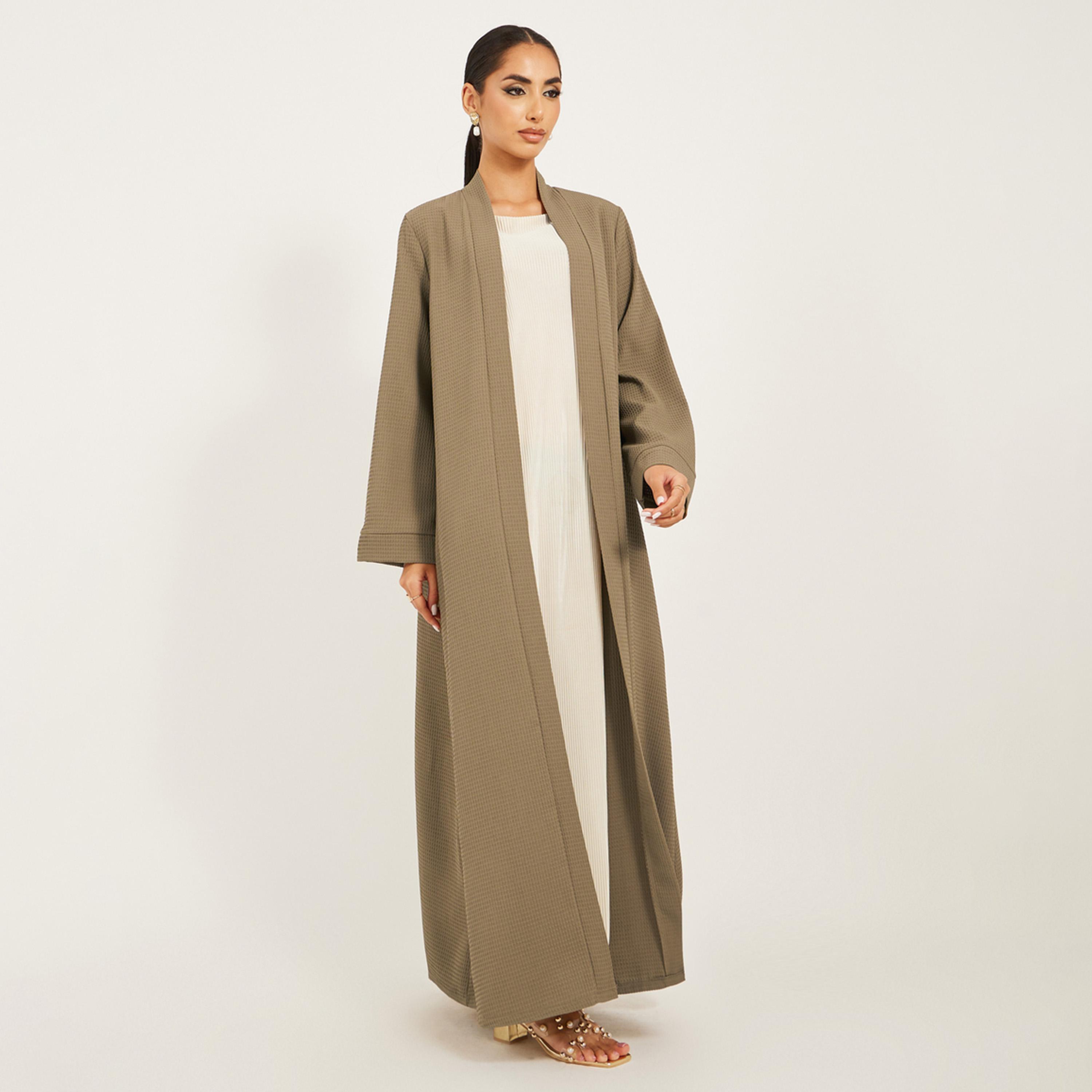 Styli Texture Fabric Front Open Abaya With High Neck Detail-women-arabicclothing-abayas-image-1