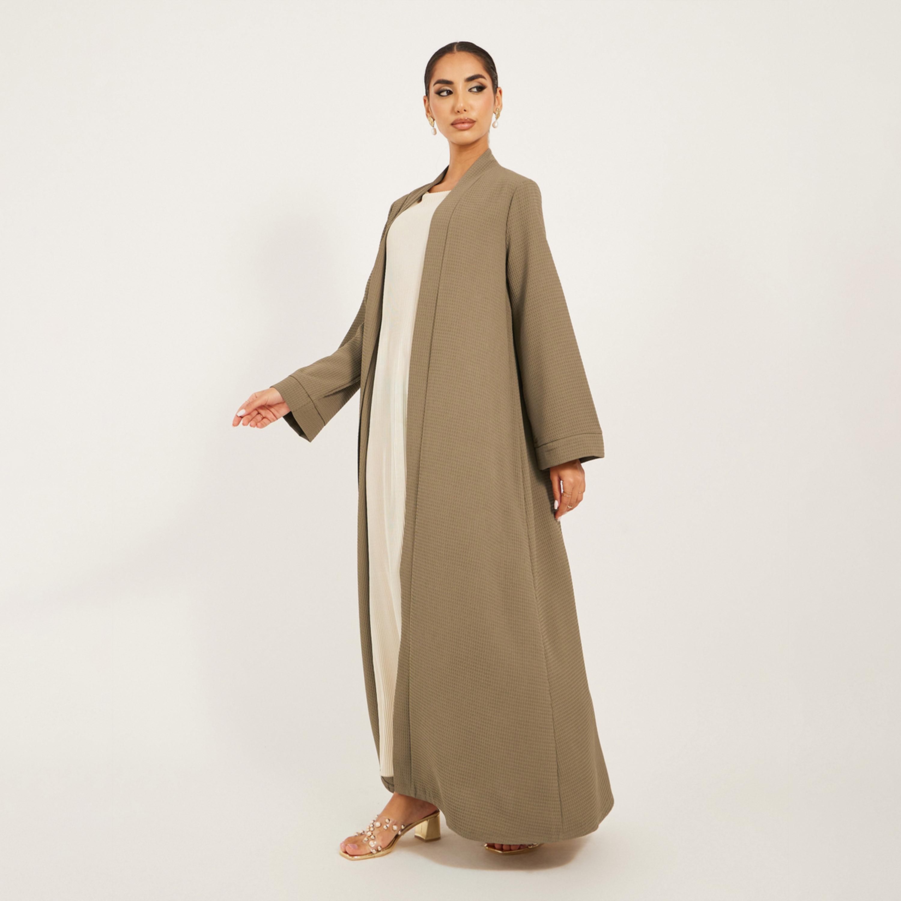 Styli Texture Fabric Front Open Abaya With High Neck Detail-women-arabicclothing-abayas-image-2