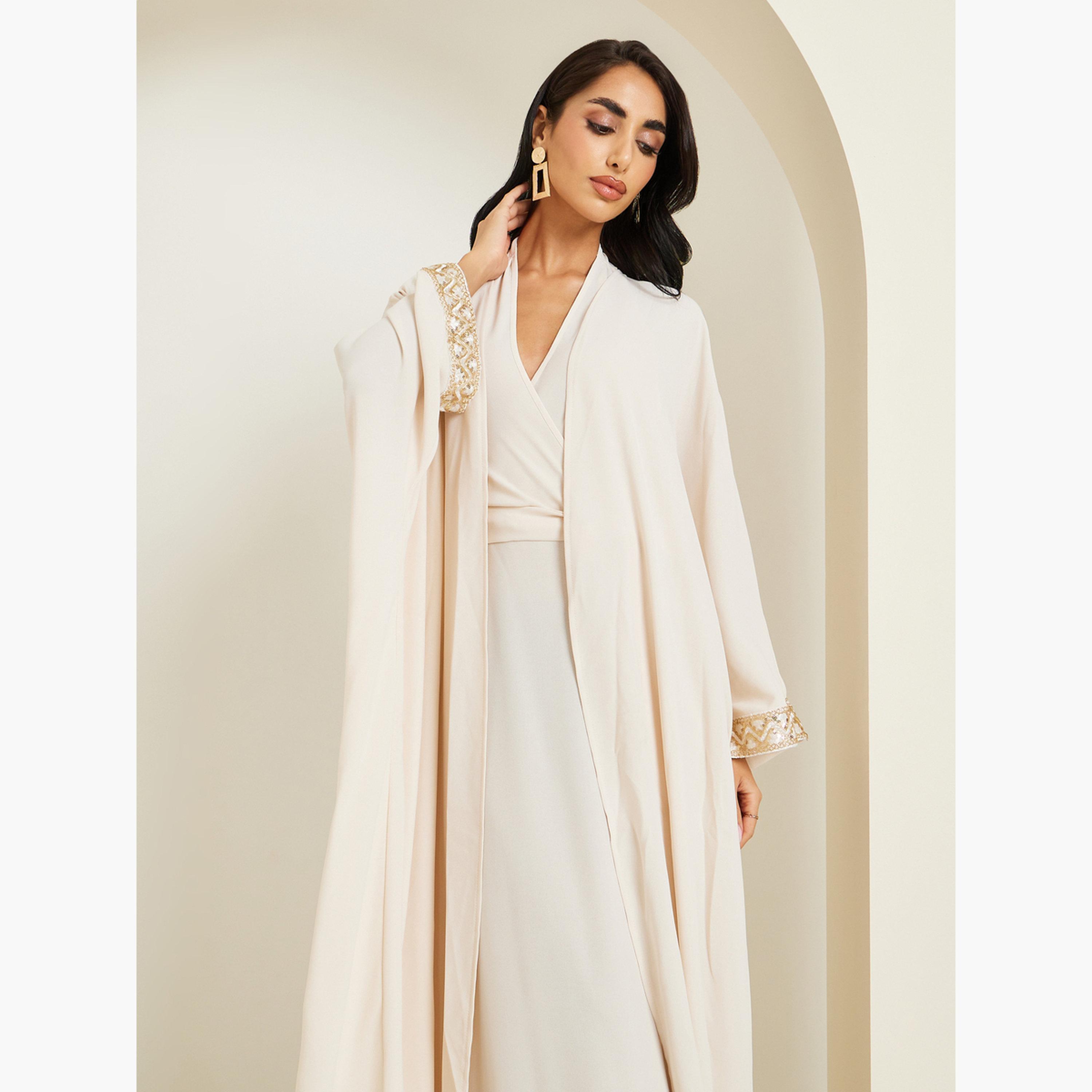 طقم عباية وفستان بياقة هولتر وتفاصيل ترتر ودانتيل-women-arabicclothing-sets-image-2
