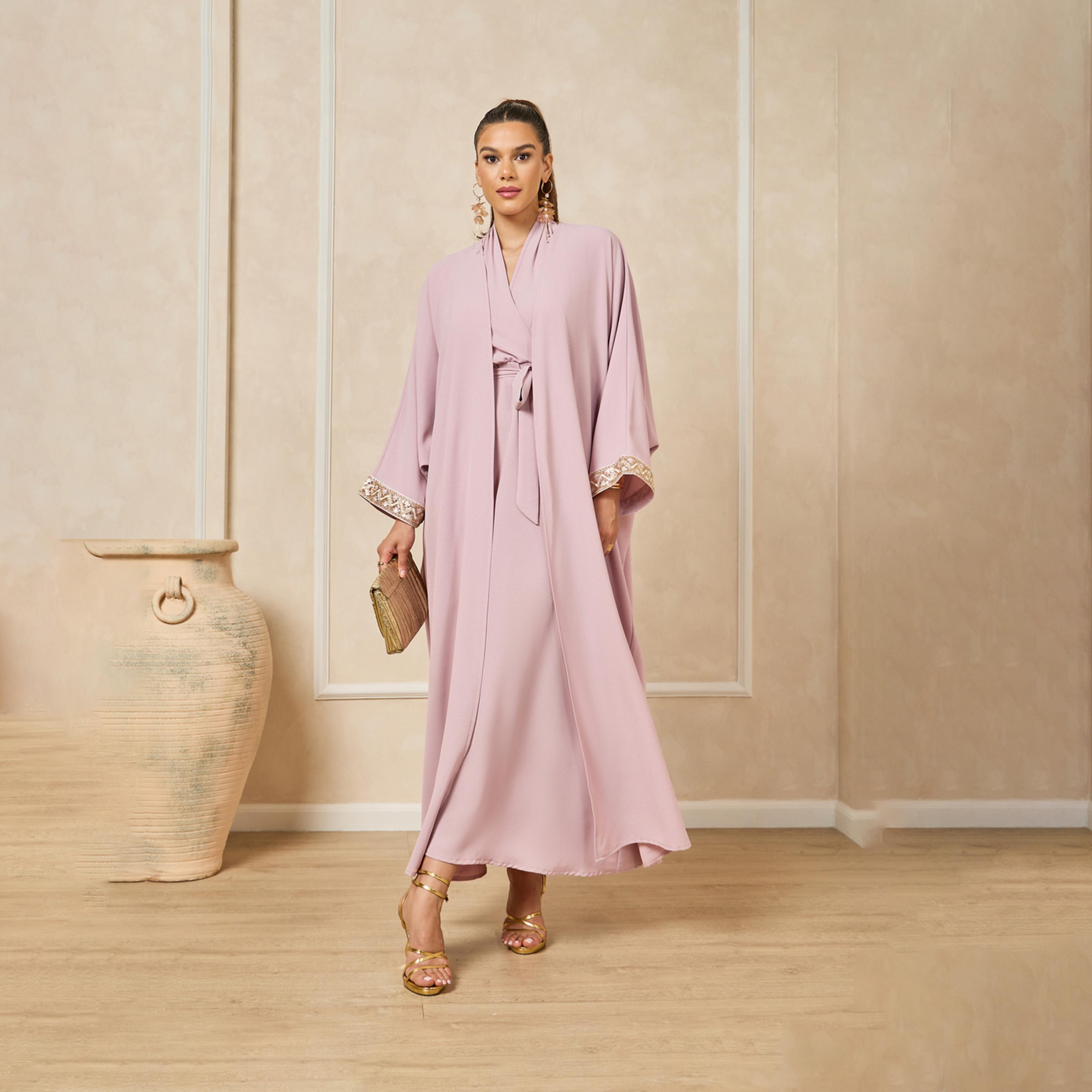 Styli Front Open Lace Detail Abaya And Halter Neck Inner Dress-women-arabicclothing-abayas-image-1