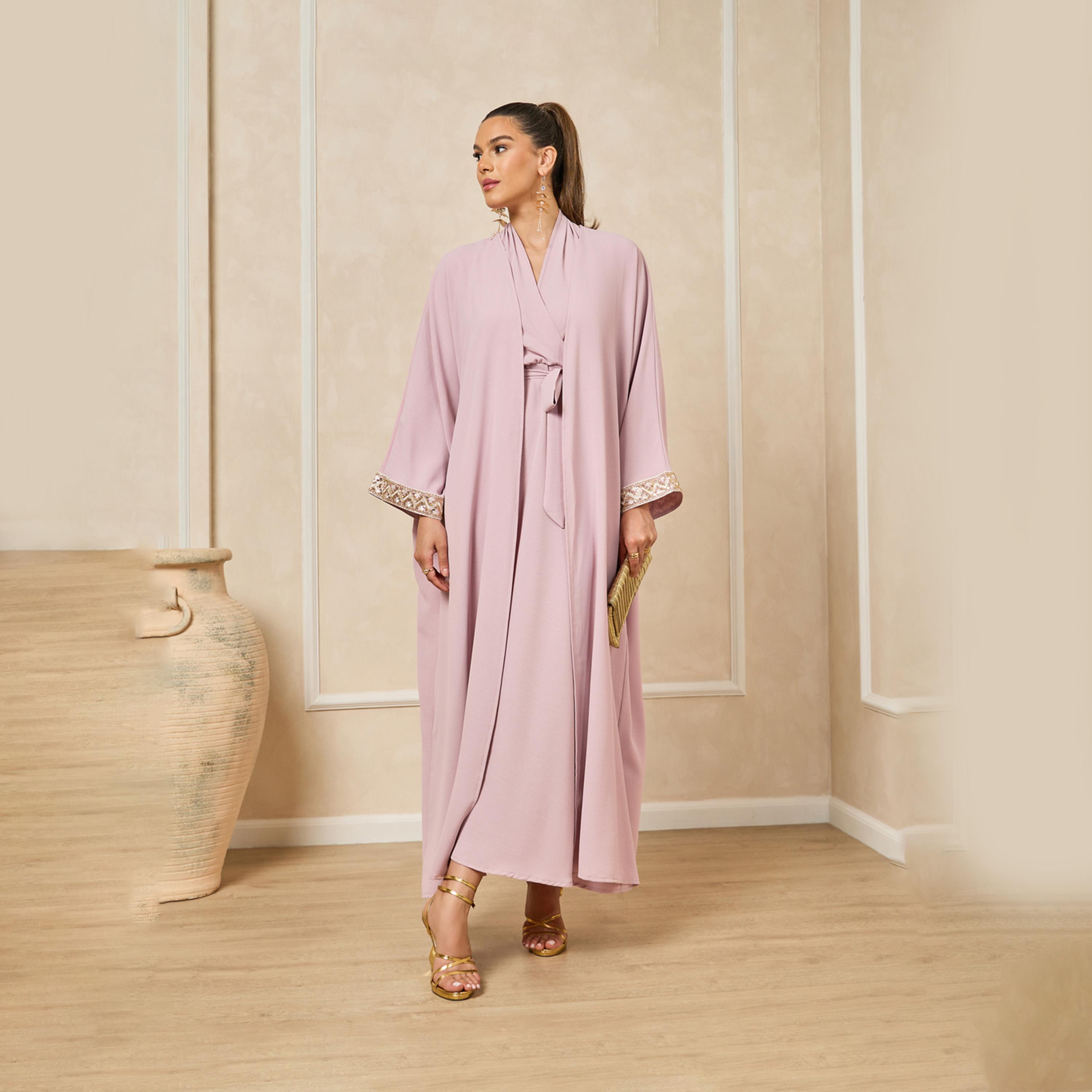 Styli Front Open Lace Detail Abaya And Halter Neck Inner Dress-women-arabicclothing-abayas-image-2