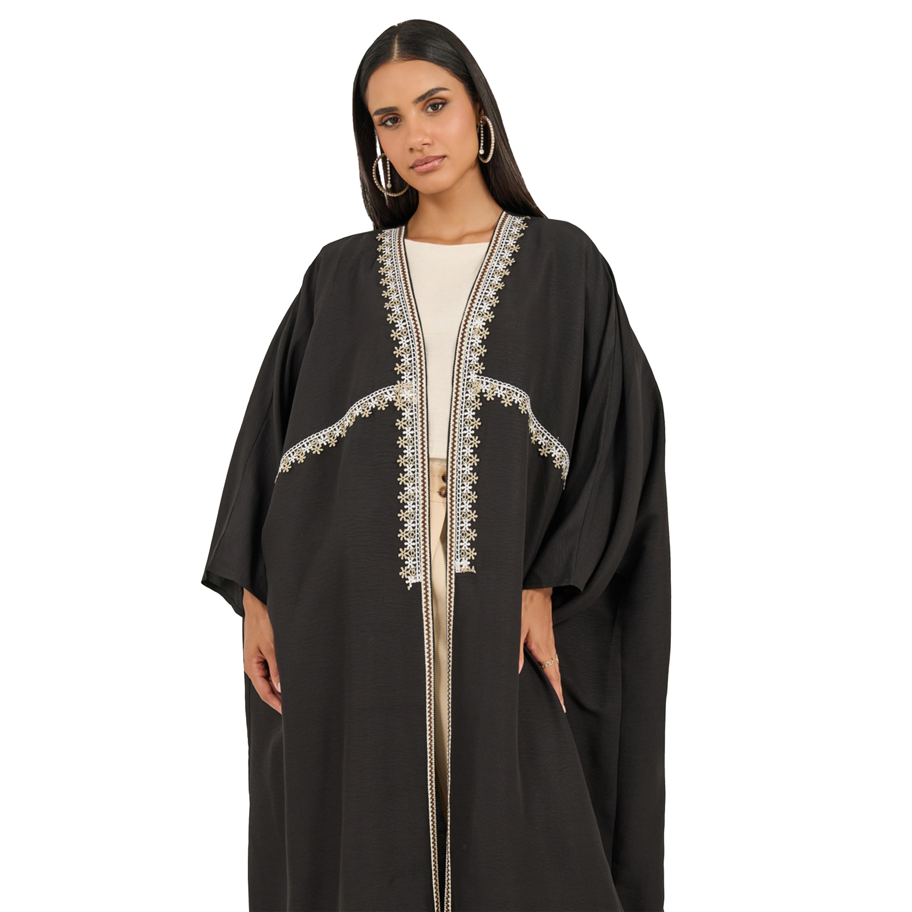 Styli Lace Trim Collarless Open Front Abaya-women-arabicclothing-sets-image-3