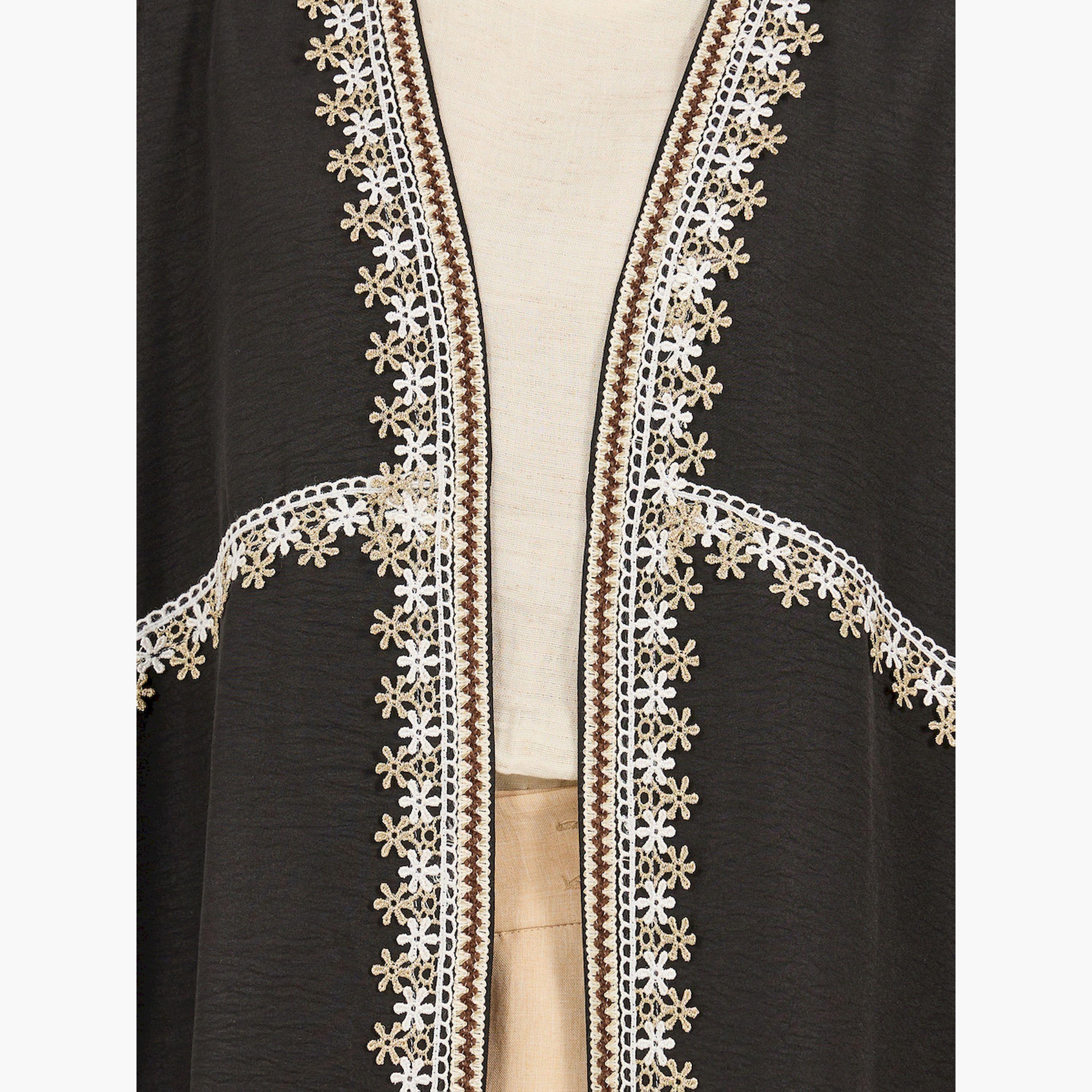 Styli Lace Trim Collarless Open Front Abaya-women-arabicclothing-sets-image-4