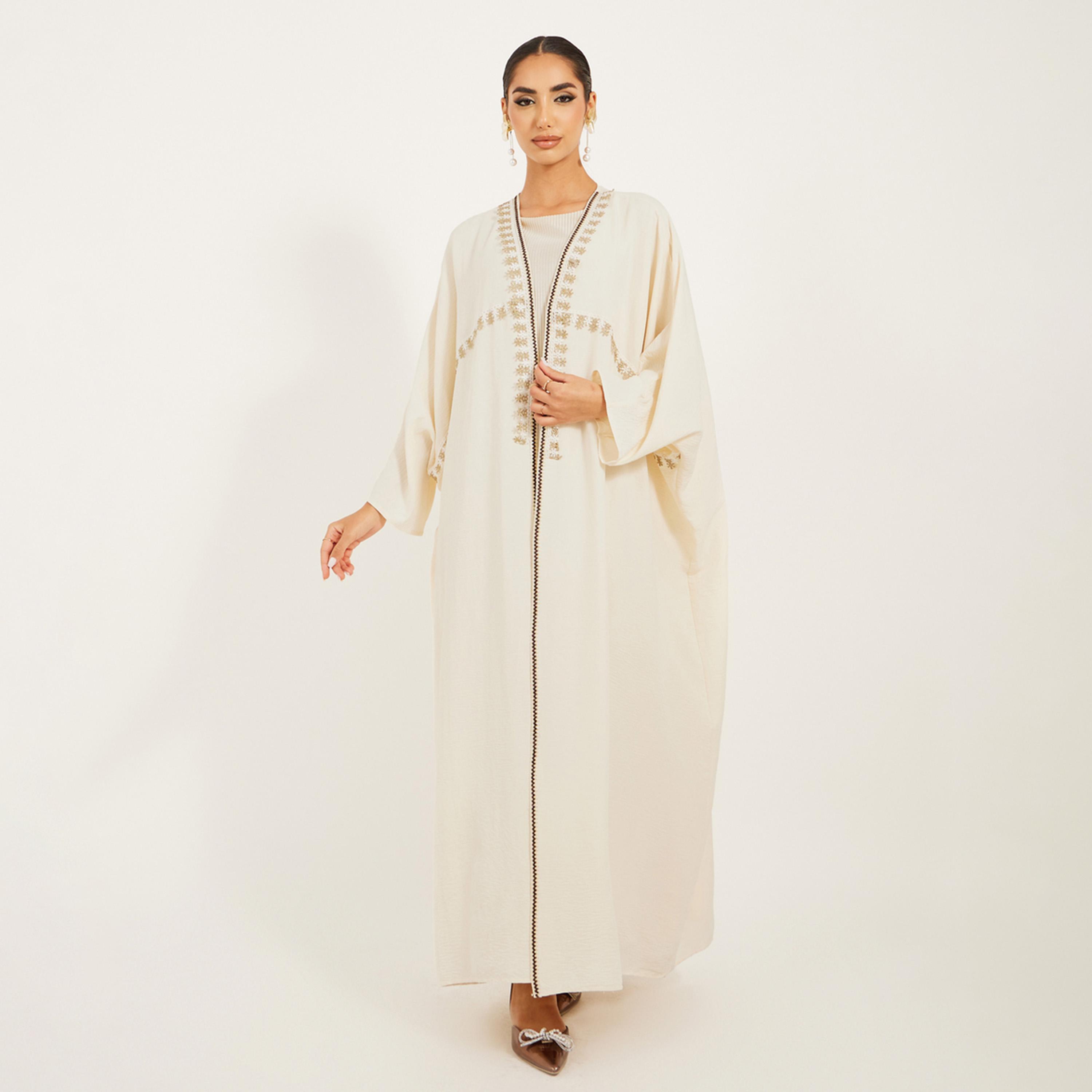 Amirah X Styli Texture Lace Trim Open Abaya-women-arabicclothing-abayas-image-1