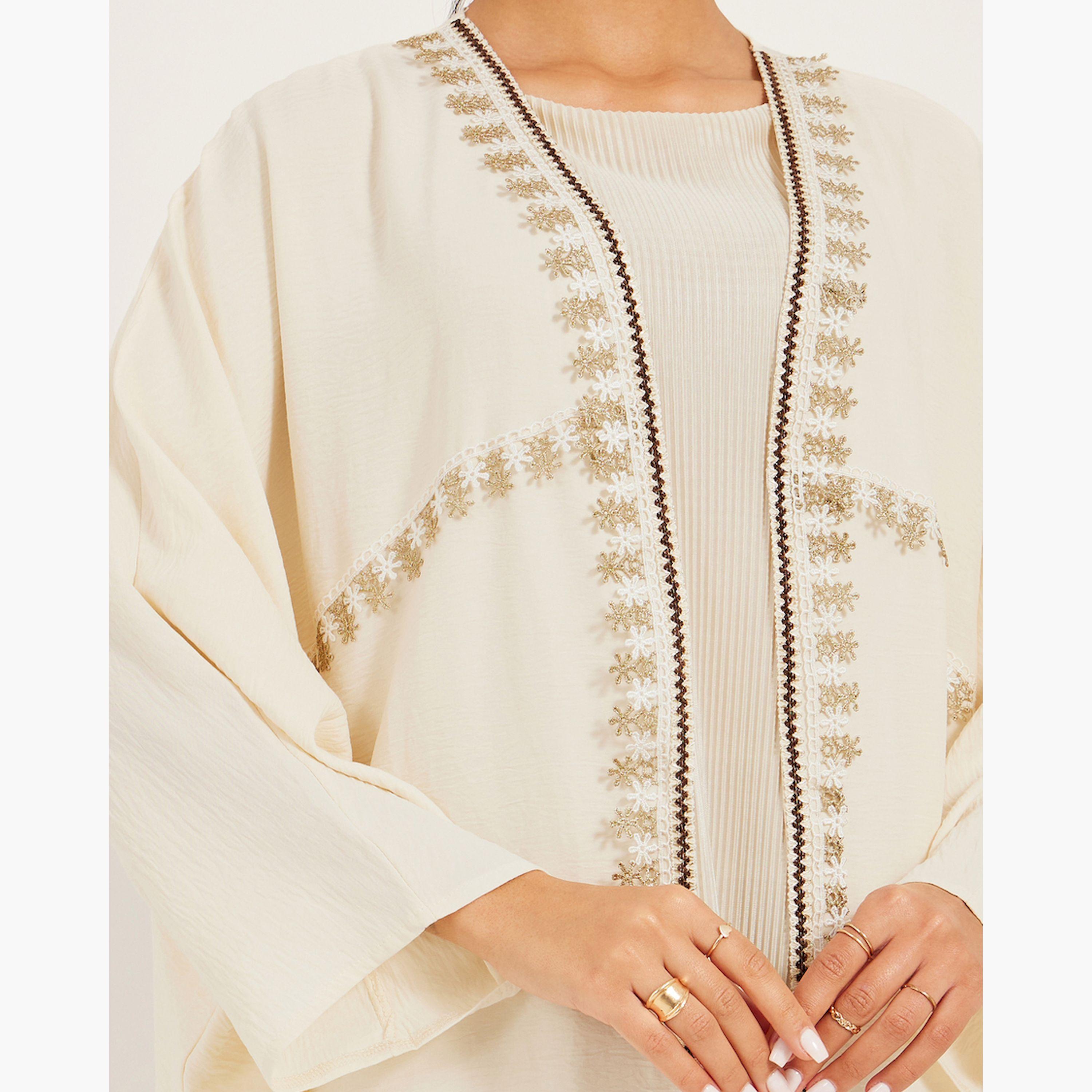 Amirah X Styli Texture Lace Trim Open Abaya-women-arabicclothing-abayas-image-4
