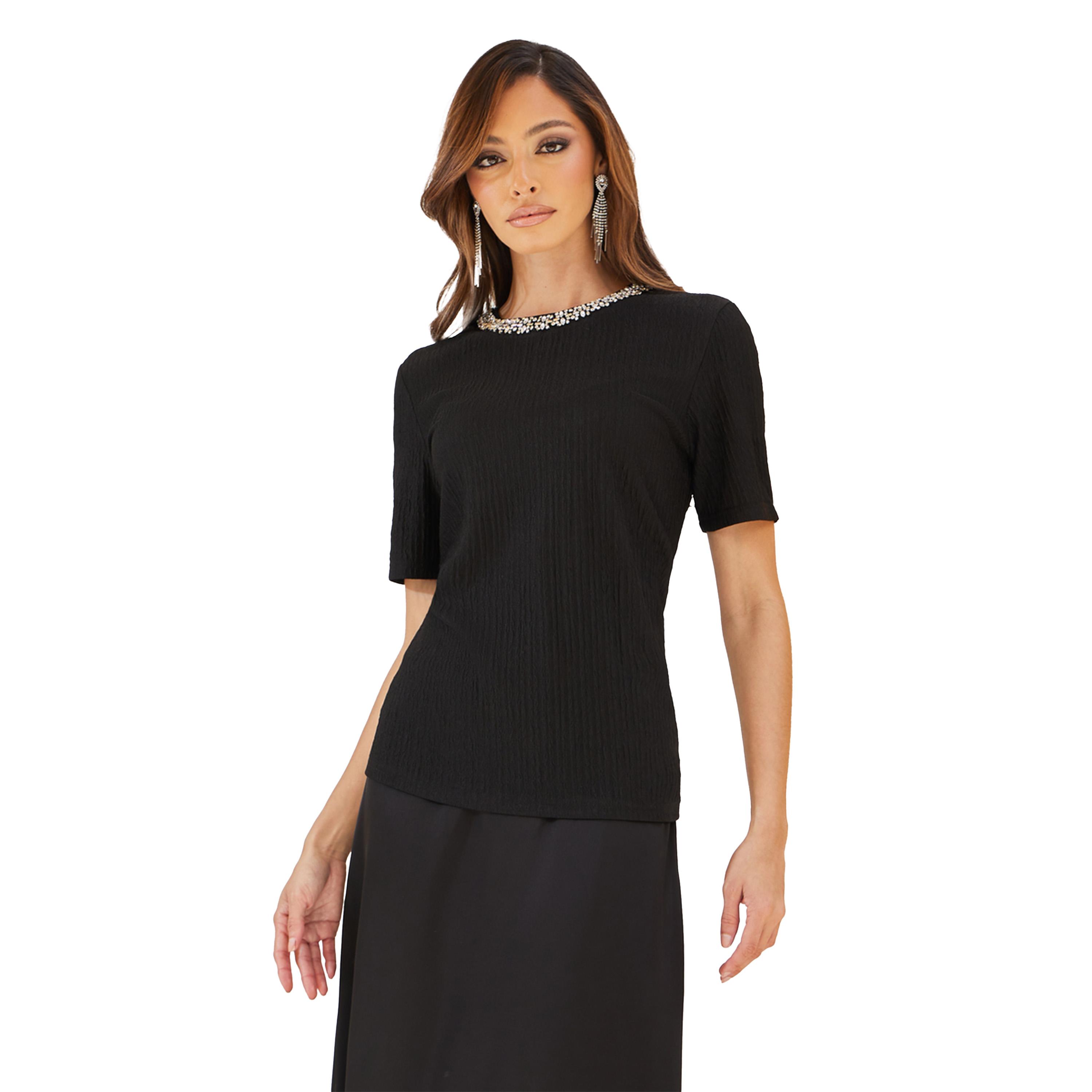 ستايلي - بلوزة مزخرفة برقبة مستديرة وأكمام قصيرة-women-clothing-shirtsandblouses-blouses-image-3