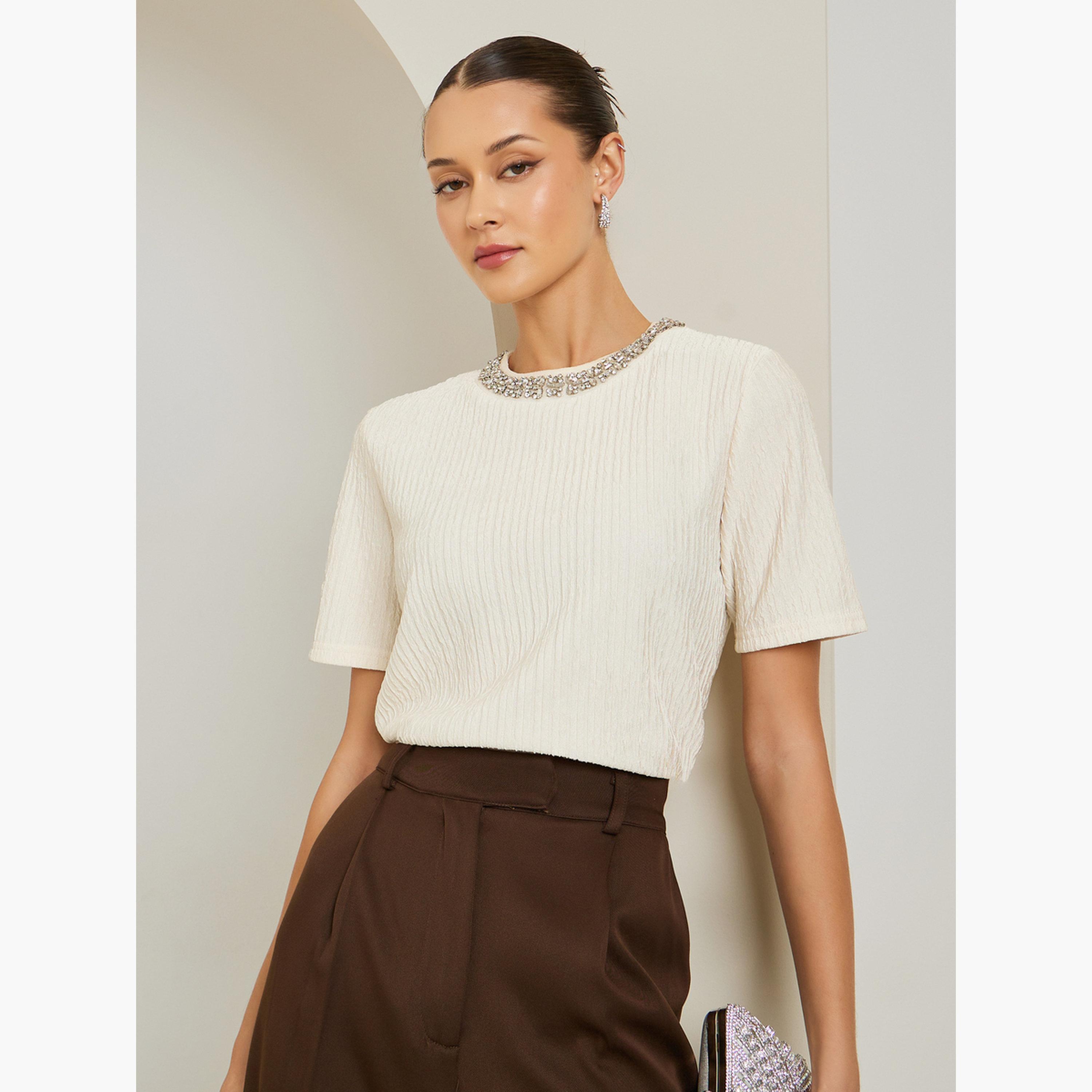 Styli Embellished Round Neck Short Sleeve Top-women-clothing-shirtsandblouses-blouses-image-1