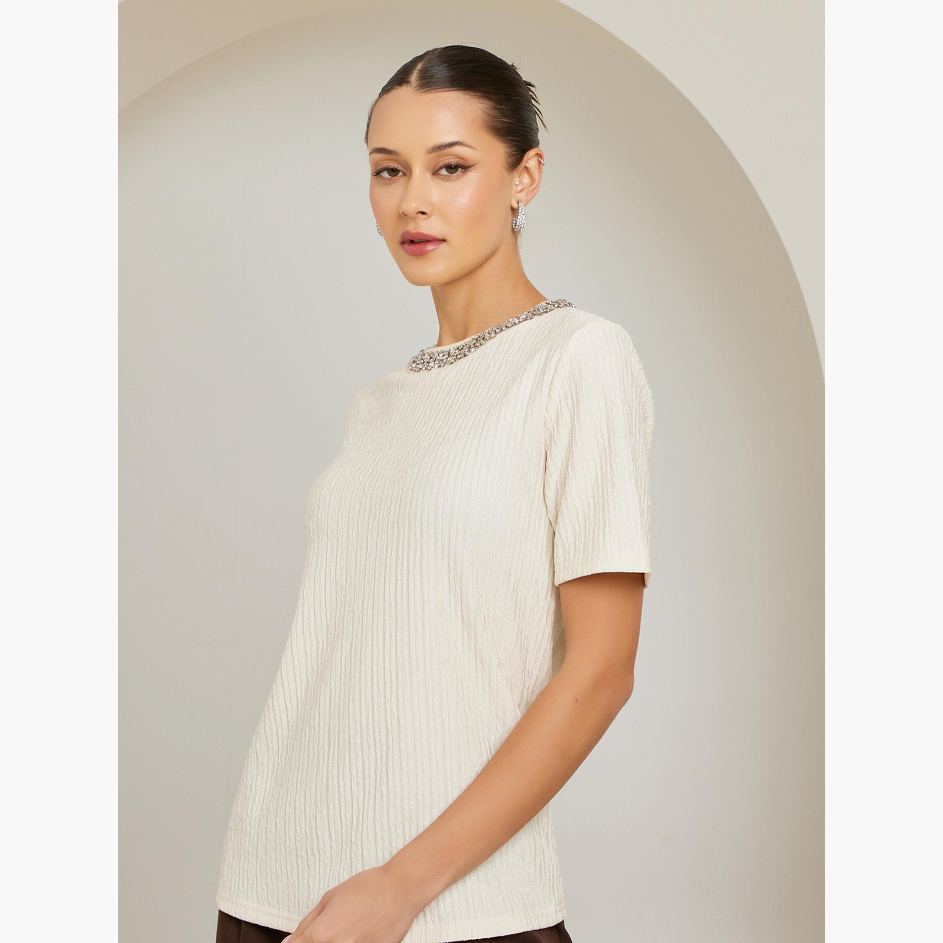 بلوزة مزينة بياقة مستديرة وأكمام قصيرة-women-clothing-shirtsandblouses-blouses-image-2