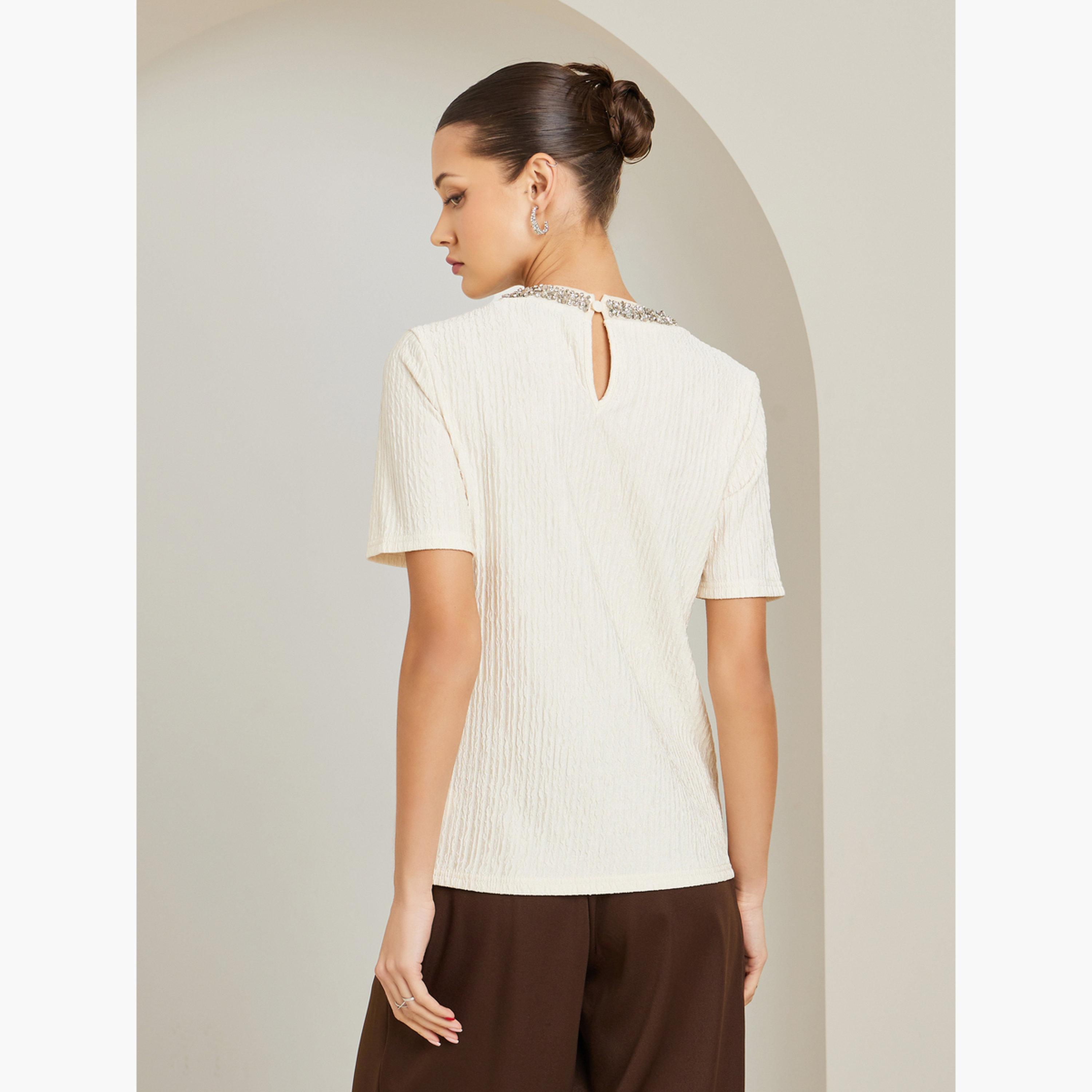 Styli Embellished Round Neck Short Sleeve Top-women-clothing-shirtsandblouses-blouses-image-5