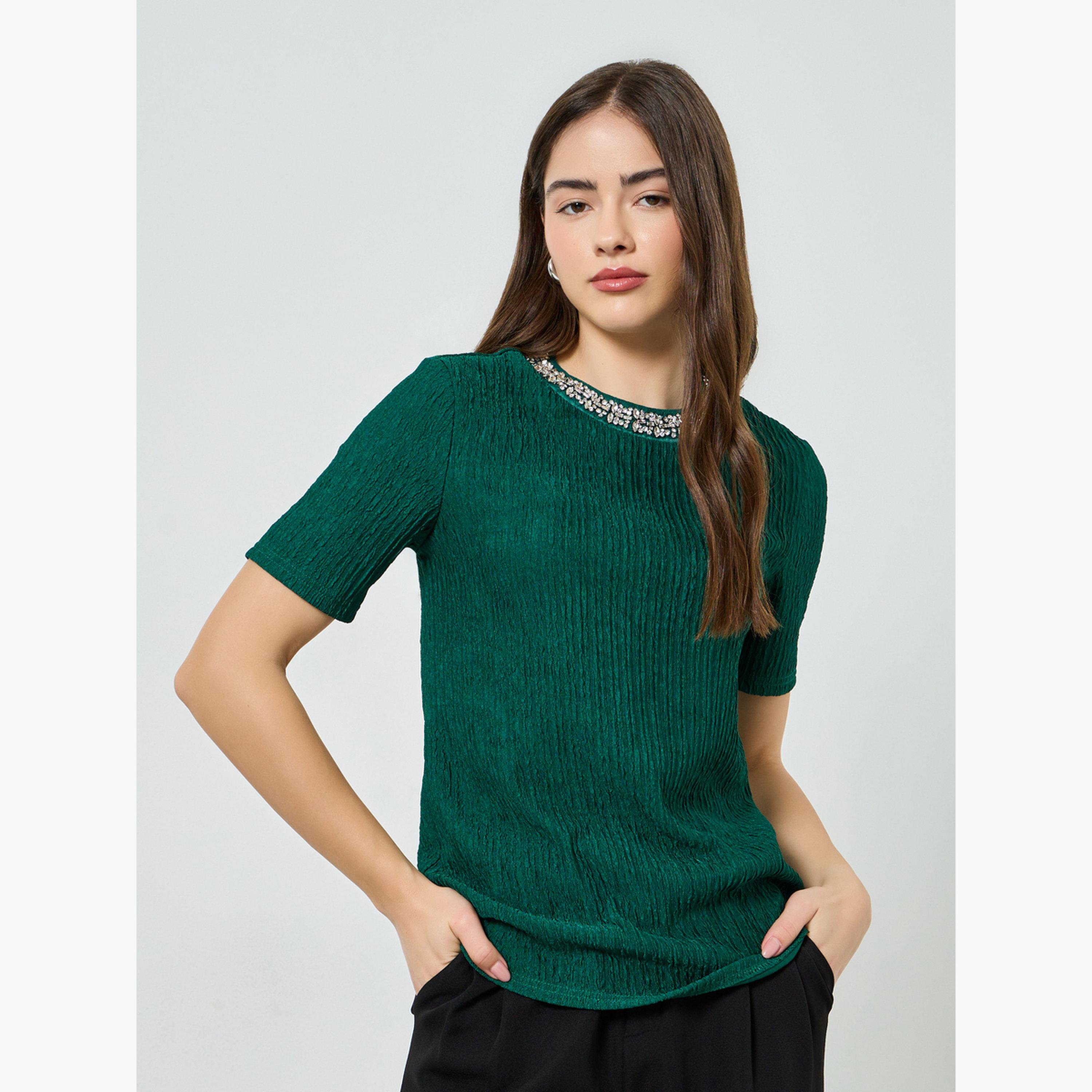 بلوزة مزينة بياقة مستديرة وأكمام قصيرة-women-clothing-shirtsandblouses-blouses-image-1