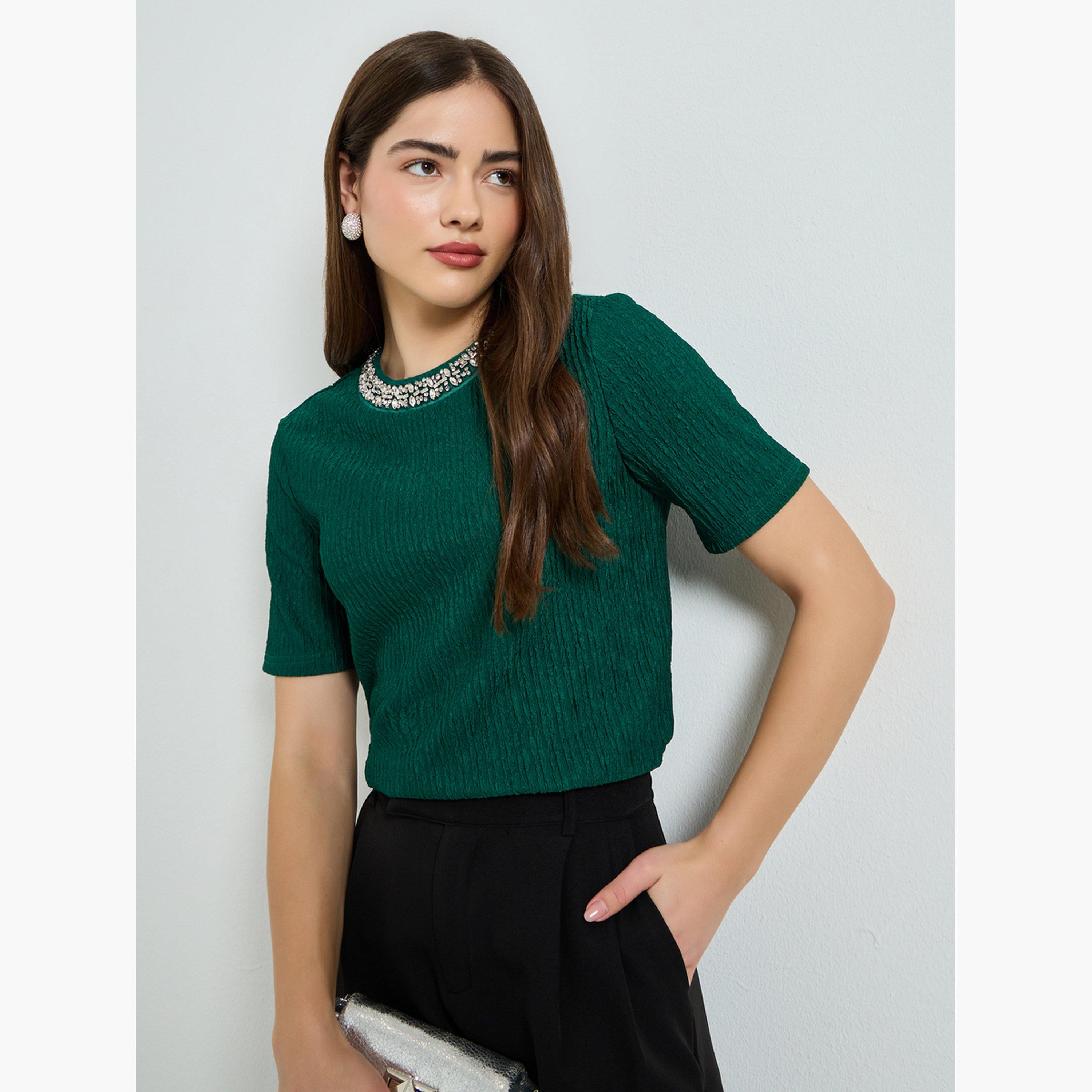Styli Embellished Round Neck Short Sleeve Top-women-clothing-shirtsandblouses-blouses-image-2