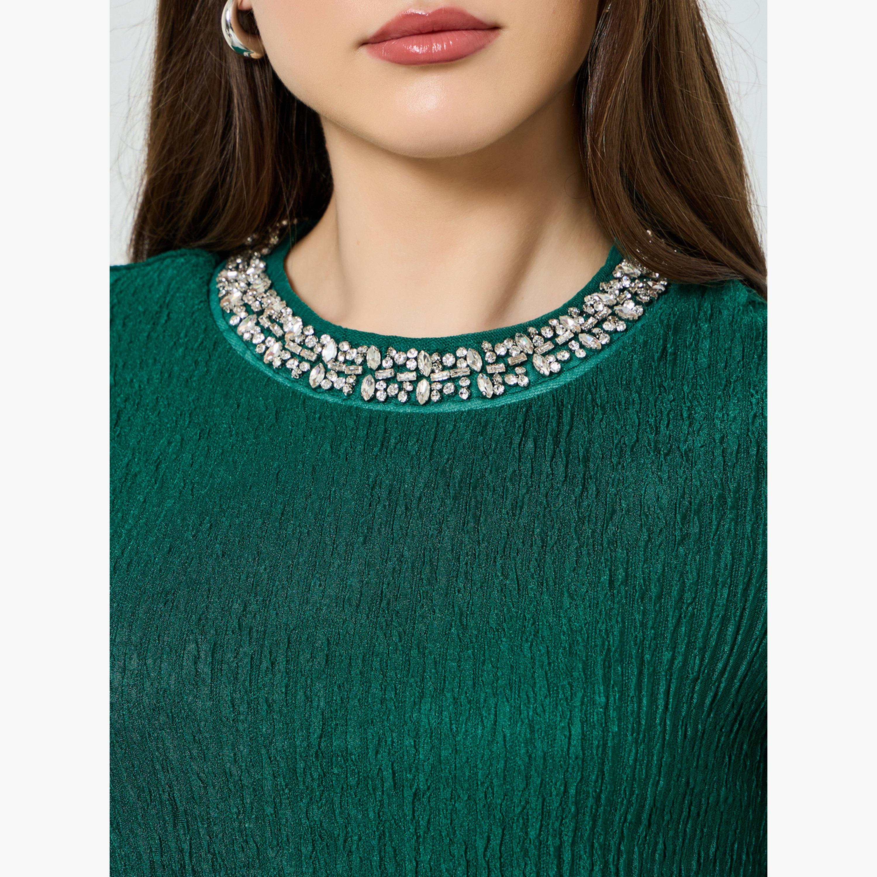 بلوزة مزينة بياقة مستديرة وأكمام قصيرة-women-clothing-shirtsandblouses-blouses-image-4