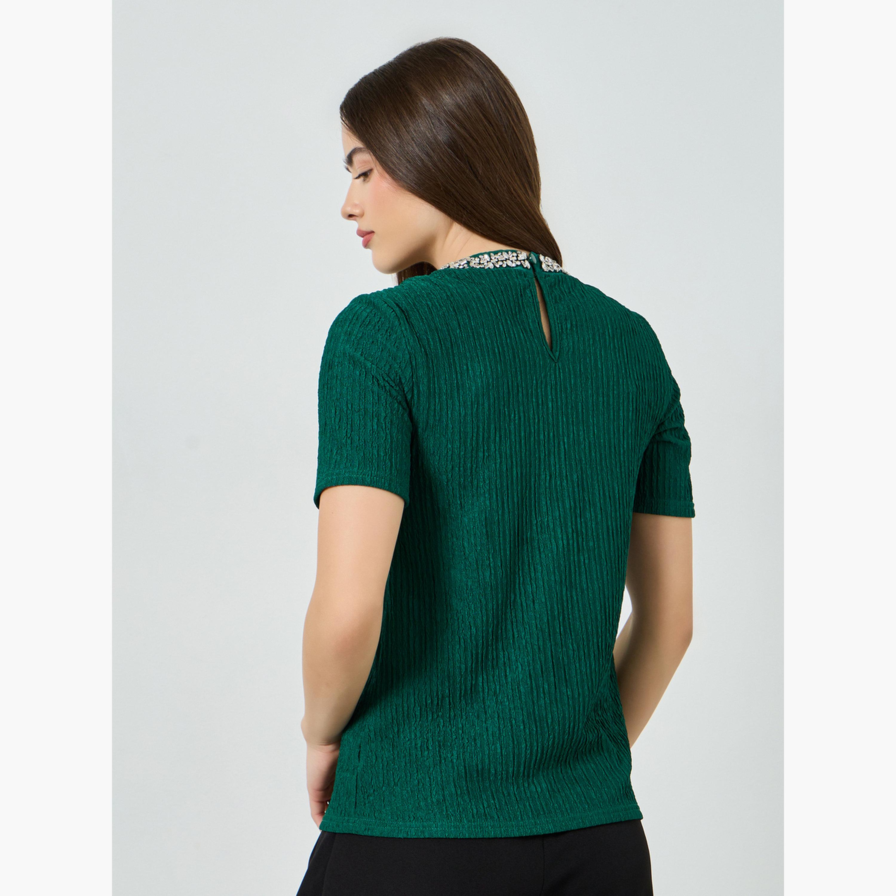 Styli Embellished Round Neck Short Sleeve Top-women-clothing-shirtsandblouses-blouses-image-5