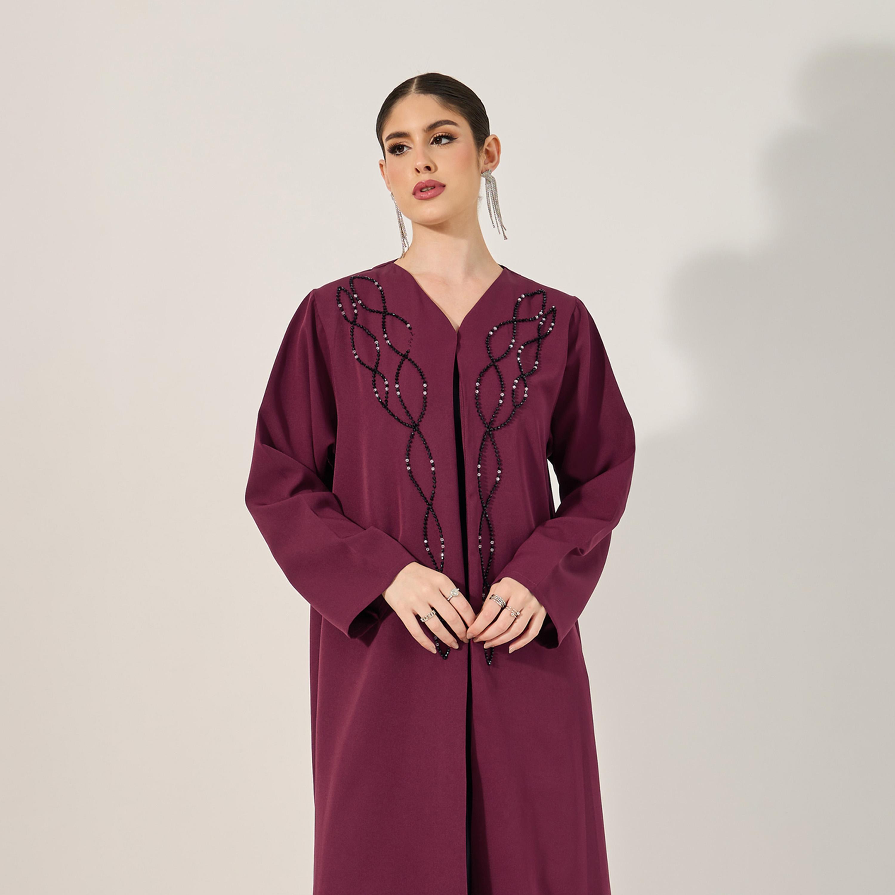 ستايلي - عباية مطرزة يدويًا بالخرز من قماش الكريب باربي وحجاب شيفون متناسق-women-clothingaccessories-scarves-image-3