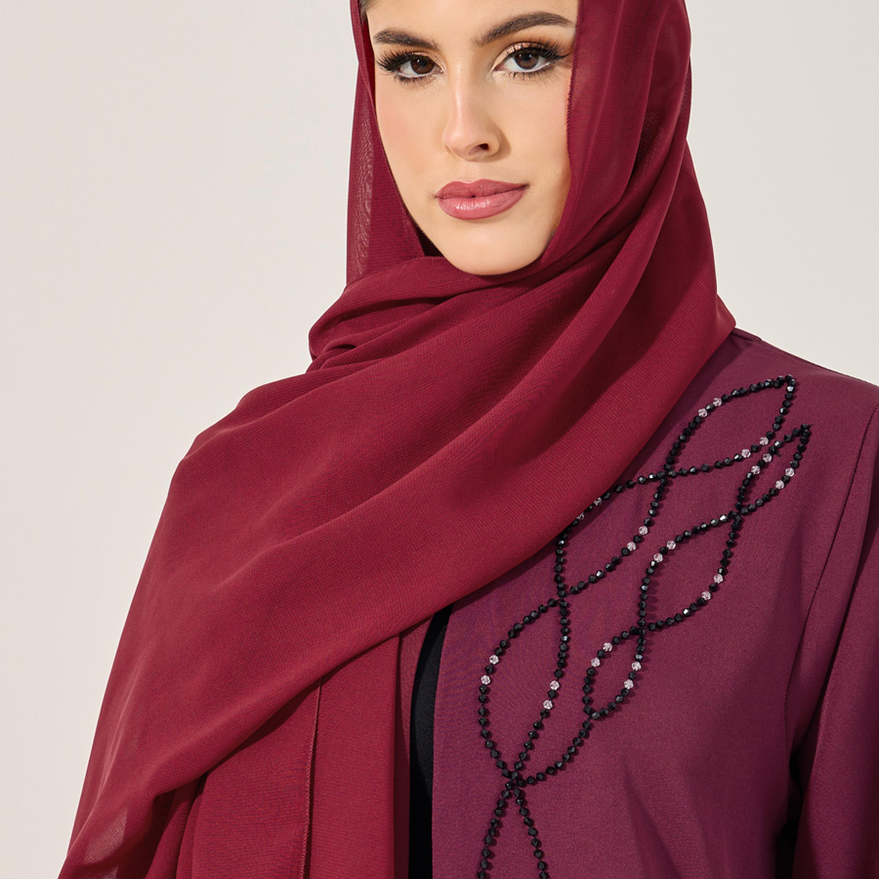 ستايلي - عباية مطرزة يدويًا بالخرز من قماش الكريب باربي وحجاب شيفون متناسق-women-clothingaccessories-scarves-image-6