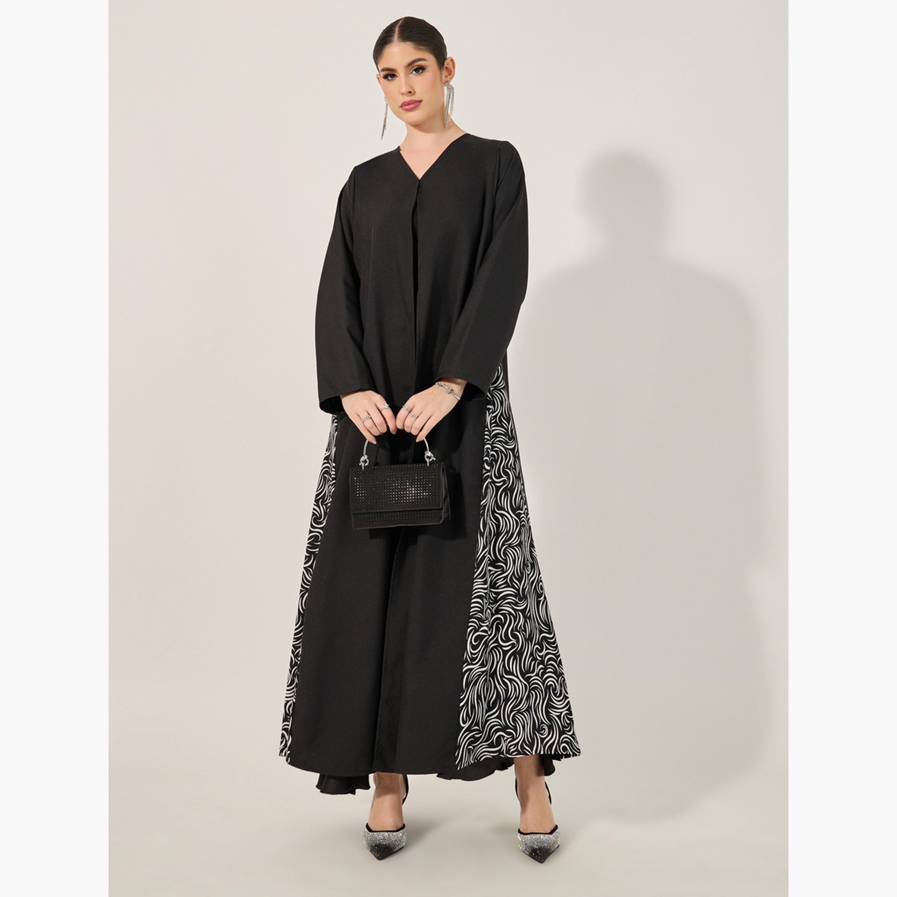 Styli Printed Side Panel V-Neck Abaya with Hijab-women-clothingaccessories-scarves-image-1